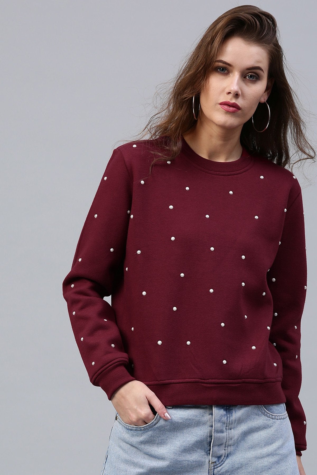 Women's Pearl Beaded Wine Sweatshirt - SASSAFRAS