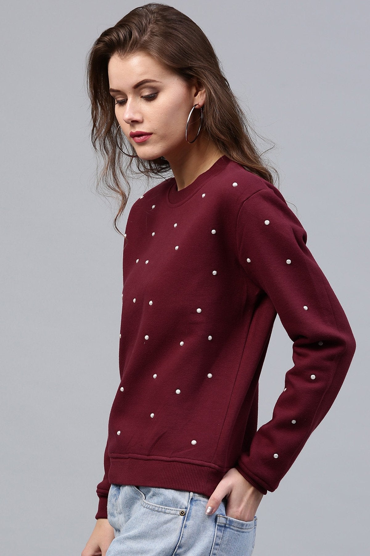 Women's Pearl Beaded Wine Sweatshirt - SASSAFRAS