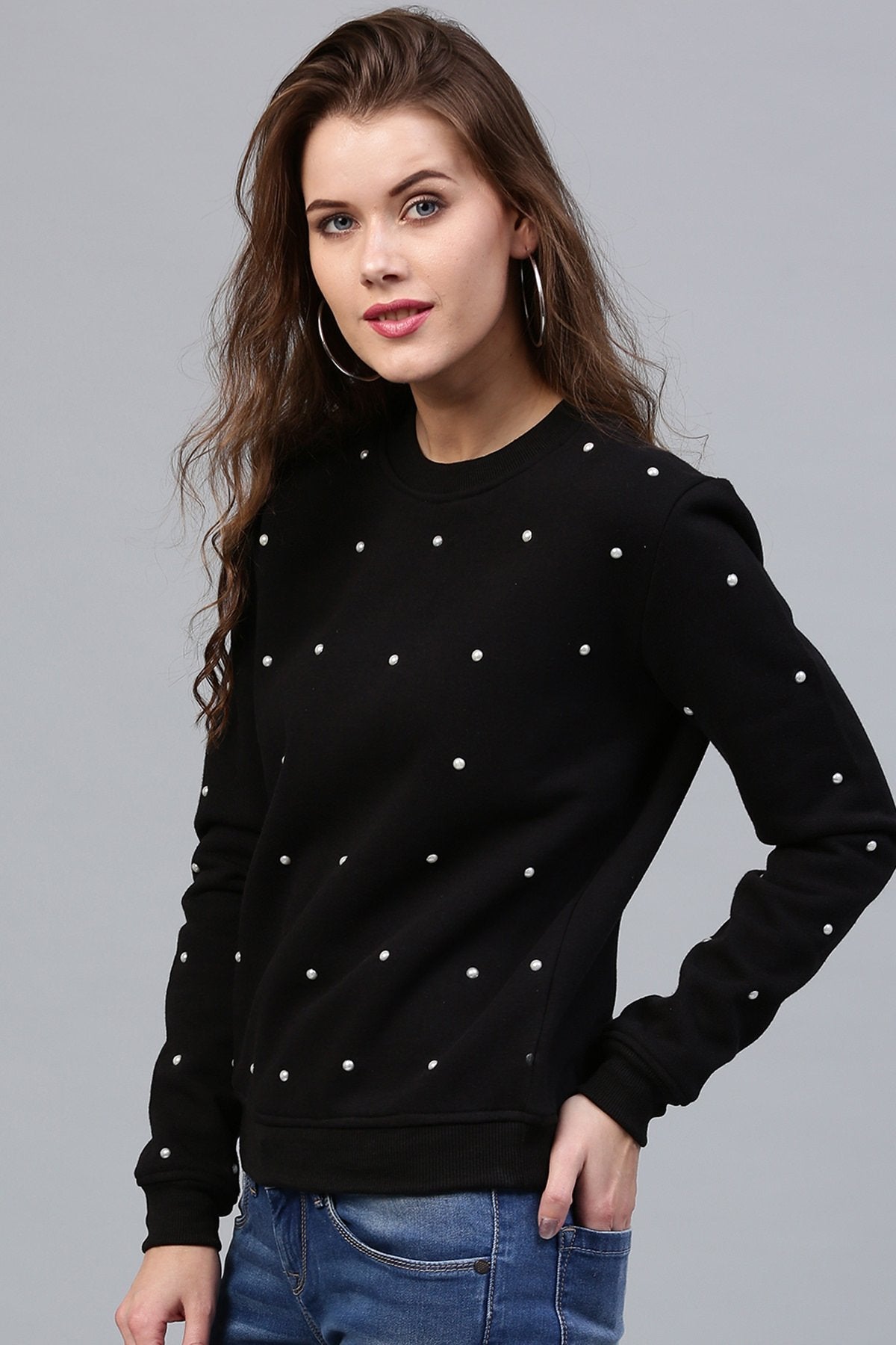 Women's Pearl Beaded Black Sweatshirt - SASSAFRAS