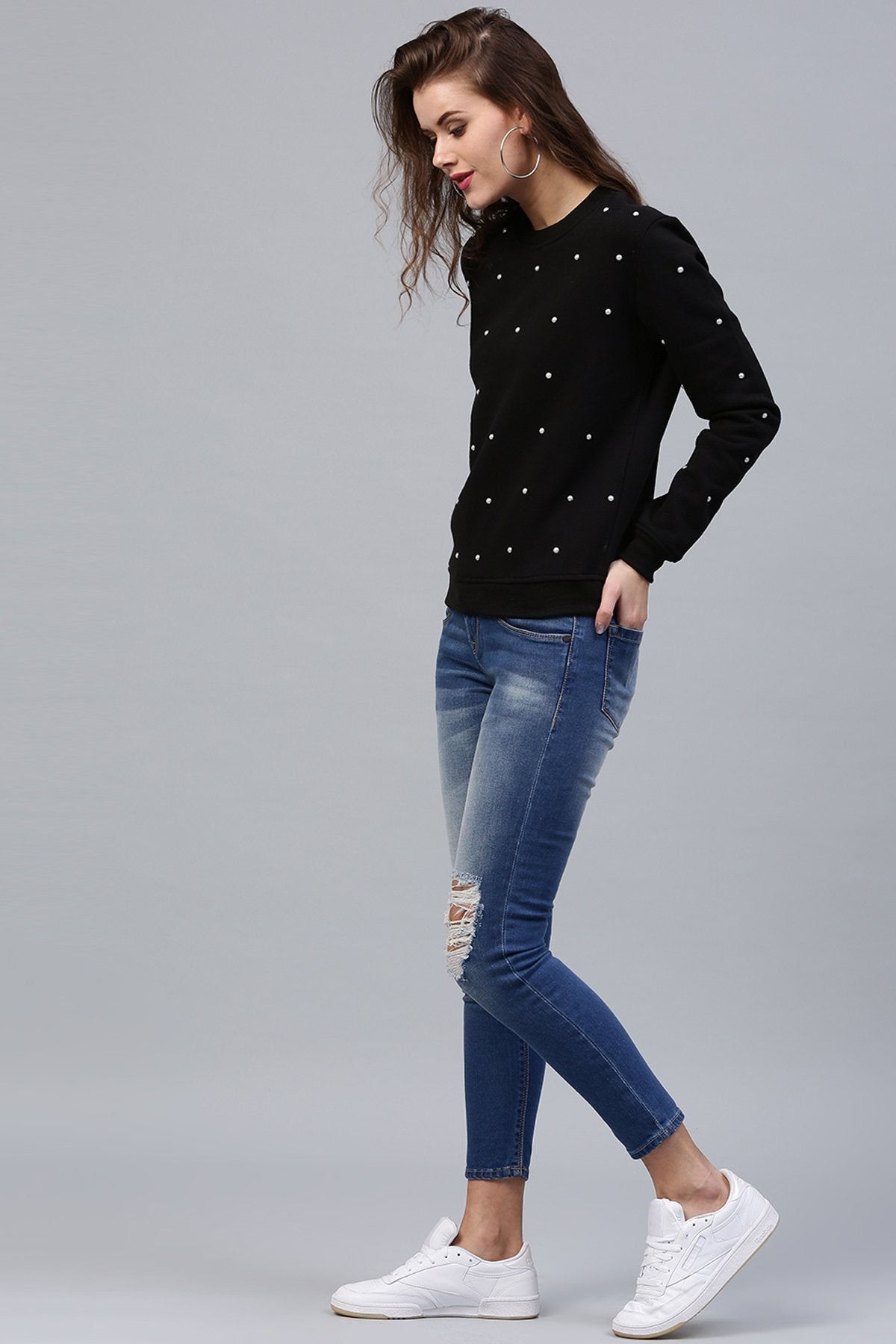 Women's Pearl Beaded Black Sweatshirt - SASSAFRAS