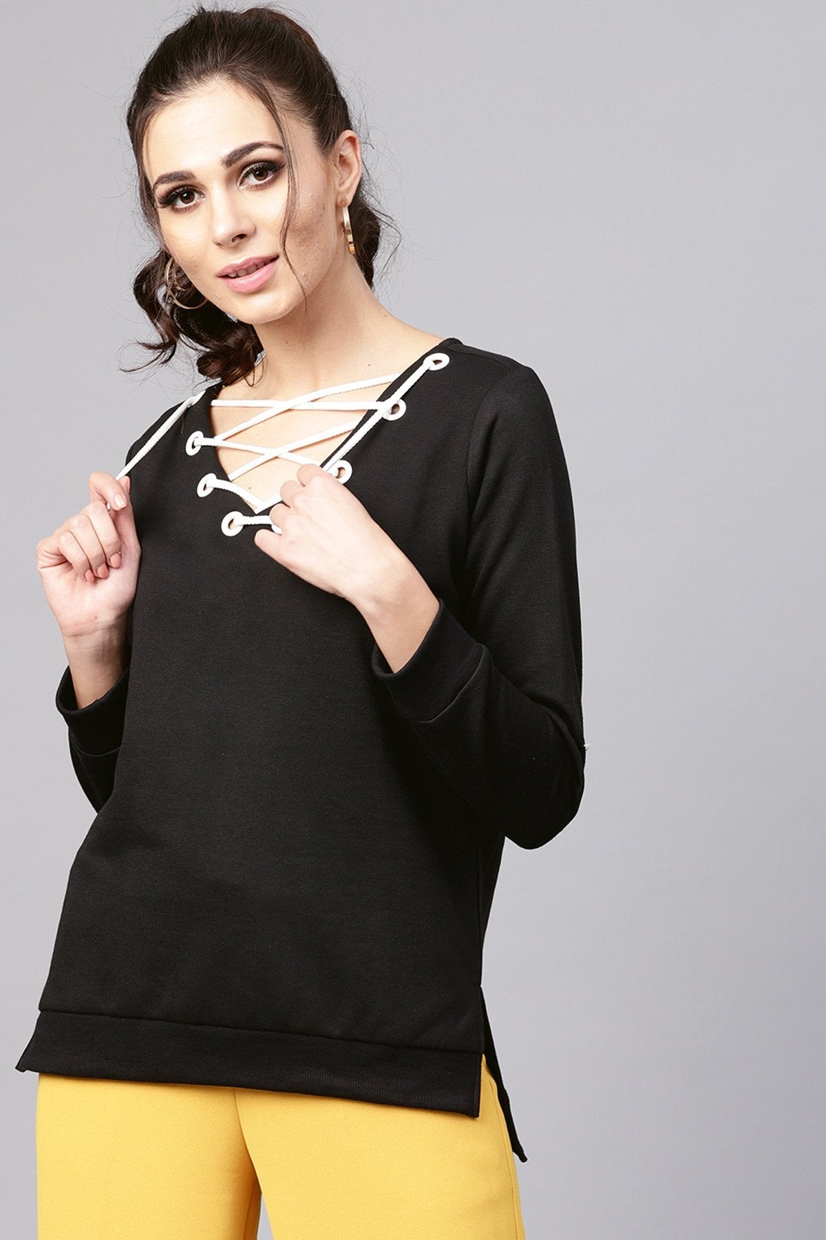 Women's Black Eyelet Detail Sweatshirt - SASSAFRAS