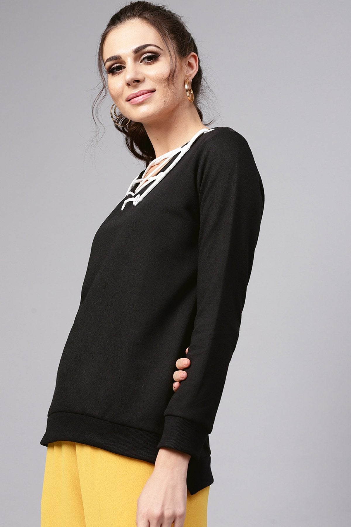 Women's Black Eyelet Detail Sweatshirt - SASSAFRAS