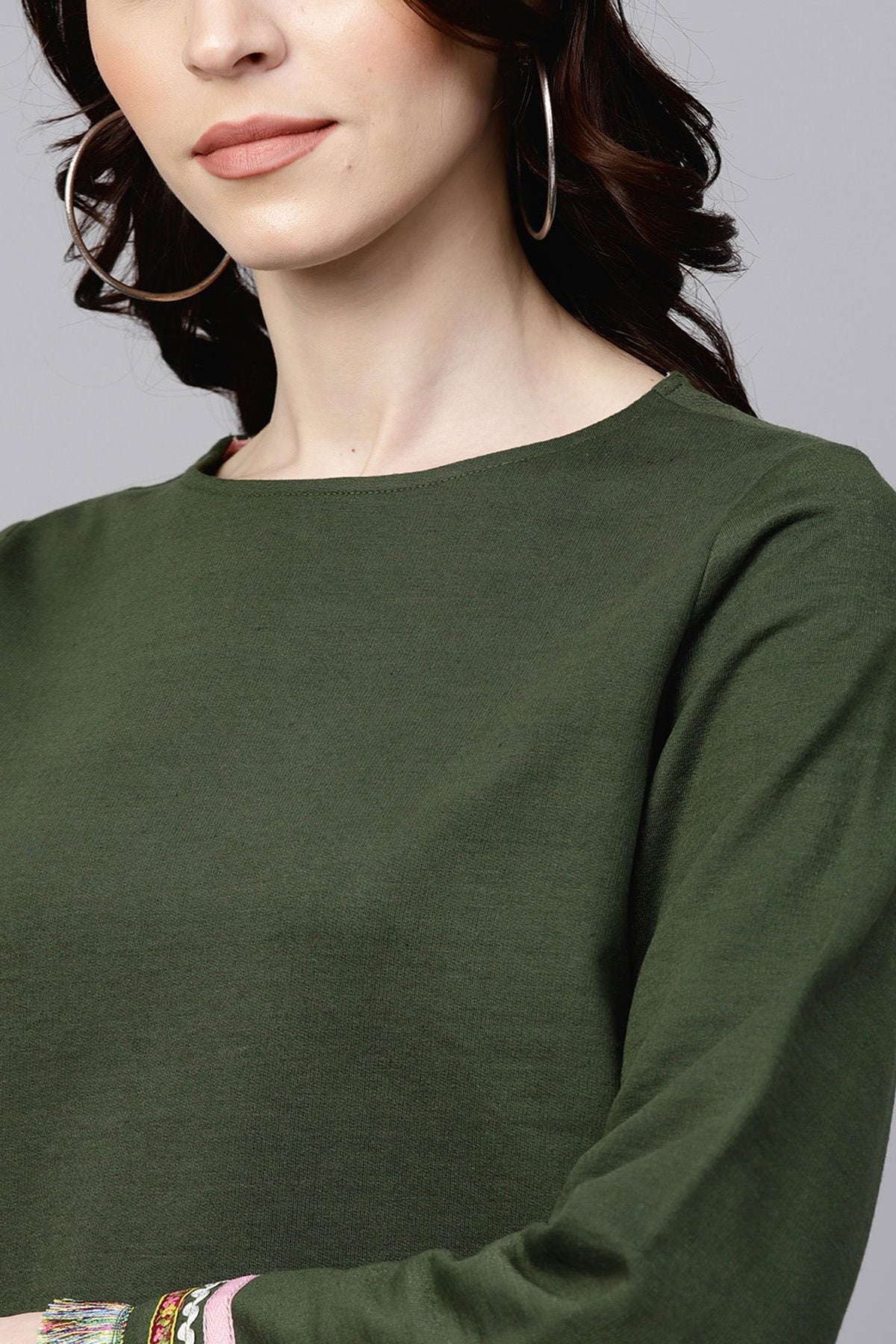 Women's Olive Sweatshirt With Fringed Sleeves - SASSAFRAS