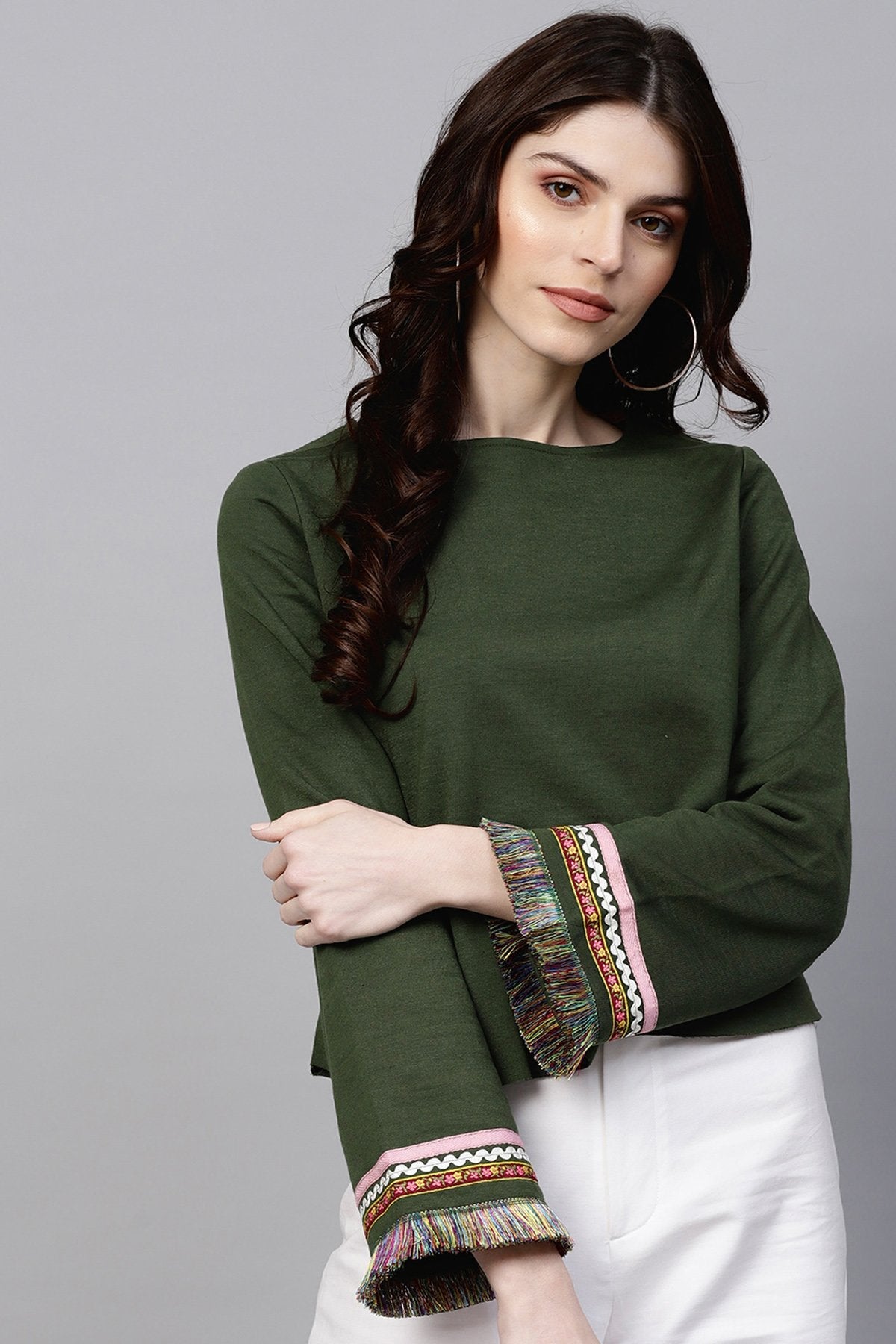 Women's Olive Sweatshirt With Fringed Sleeves - SASSAFRAS