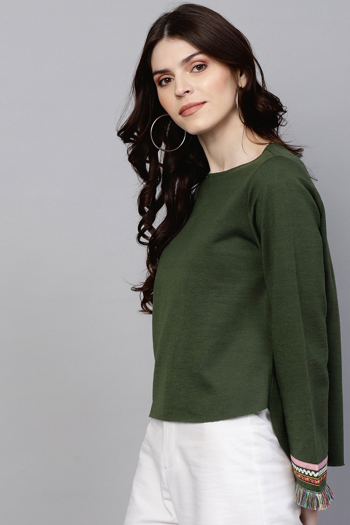 Women's Olive Sweatshirt With Fringed Sleeves - SASSAFRAS