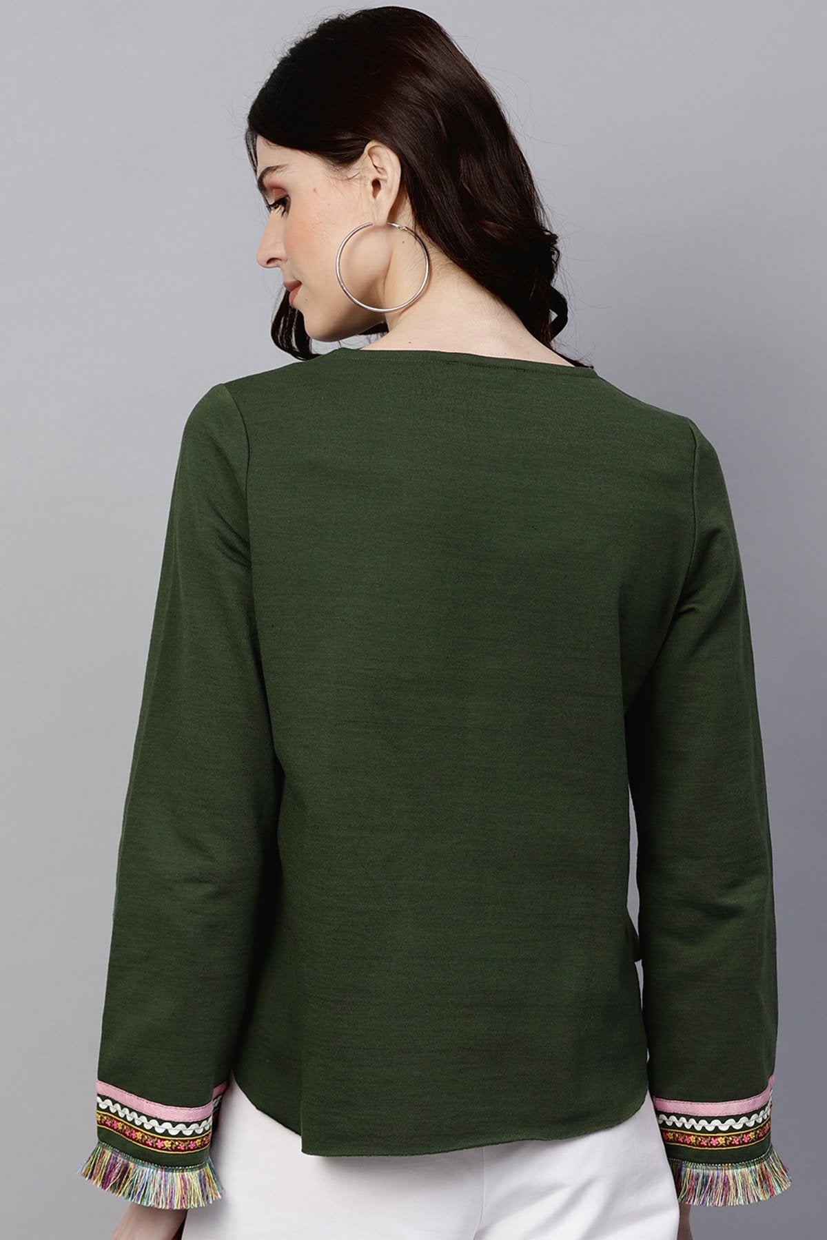 Women's Olive Sweatshirt With Fringed Sleeves - SASSAFRAS