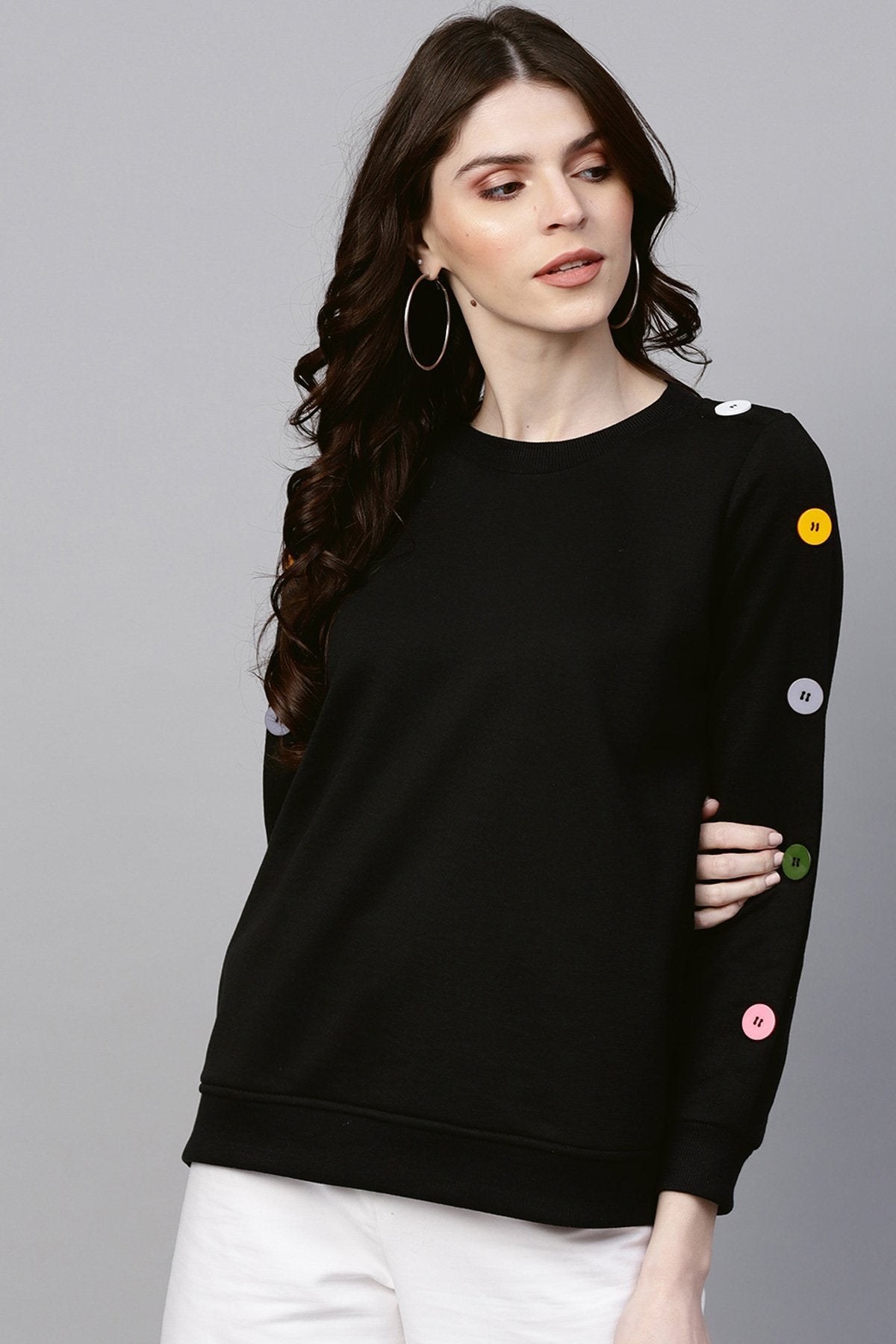 Women's Black Sweatshirt With Colored Buttons - SASSAFRAS