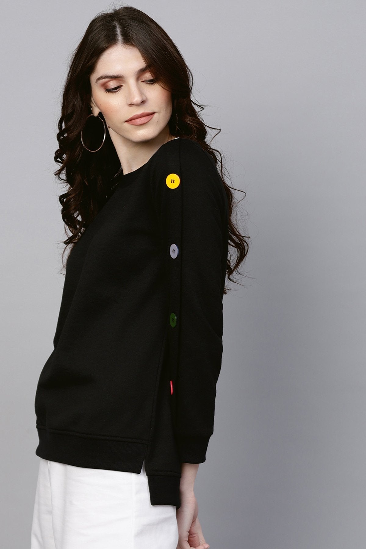 Women's Black Sweatshirt With Colored Buttons - SASSAFRAS