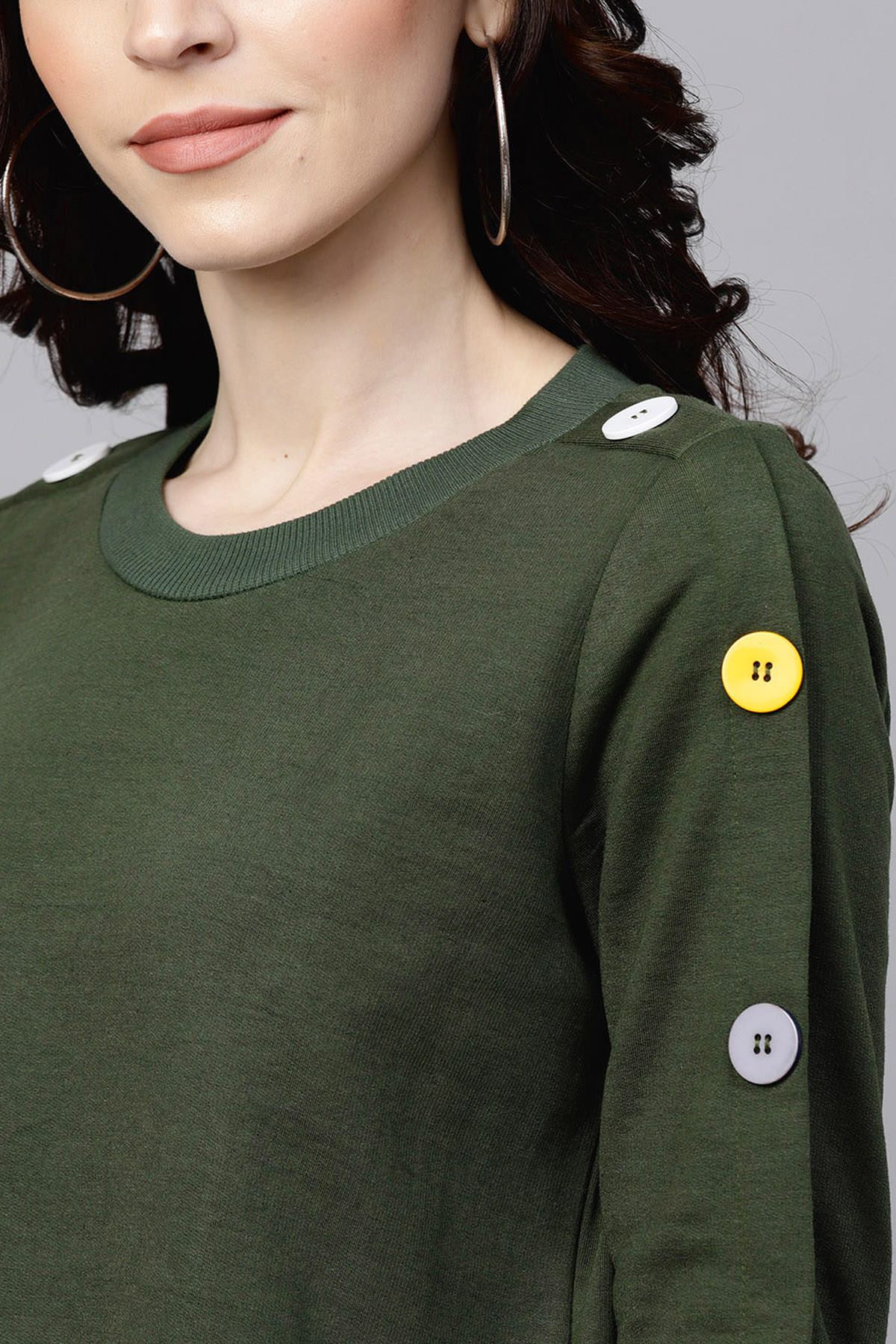 Women's Olive Sweatshirt With Colored Buttons - SASSAFRAS