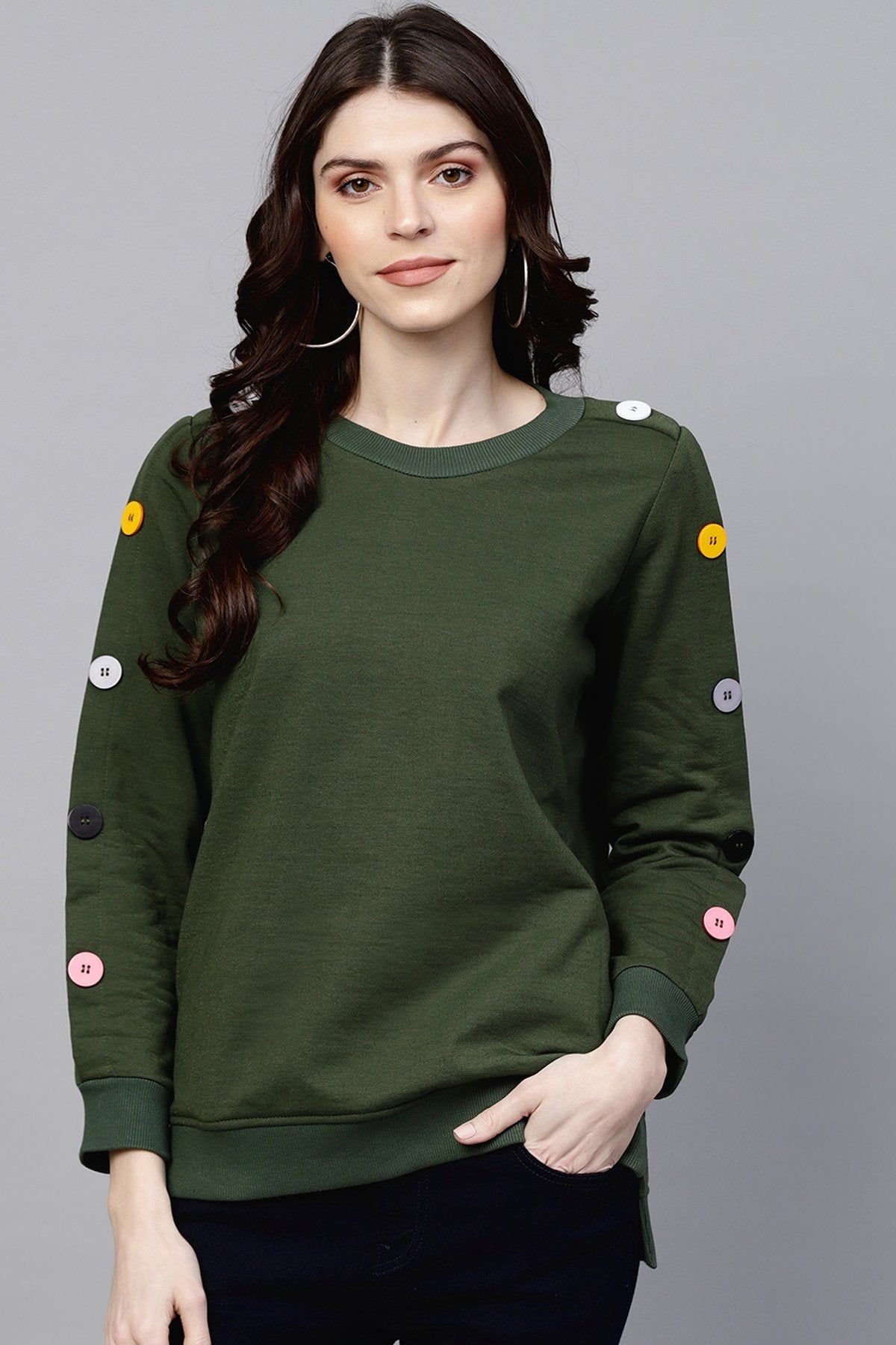 Women's Olive Sweatshirt With Colored Buttons - SASSAFRAS