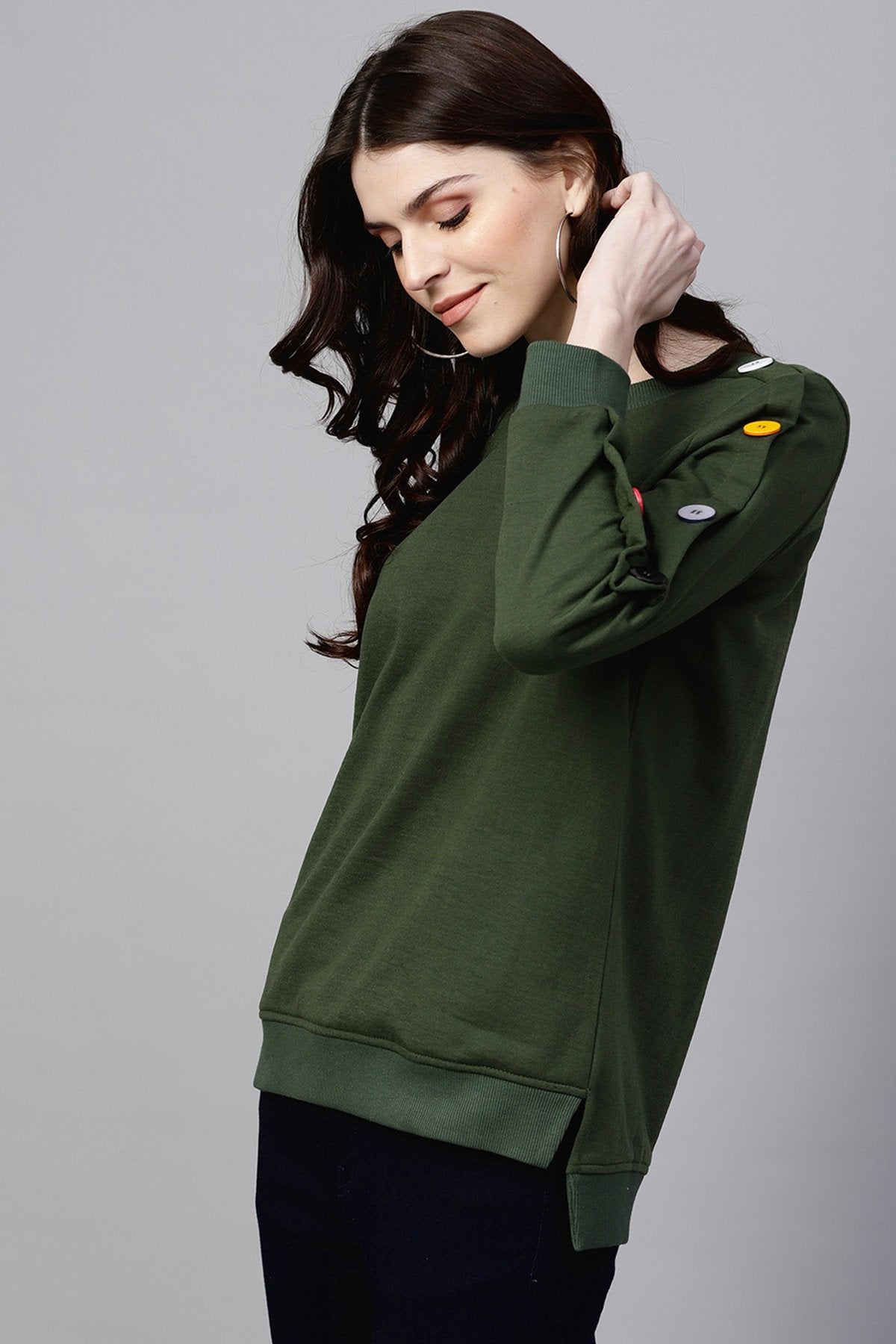 Women's Olive Sweatshirt With Colored Buttons - SASSAFRAS