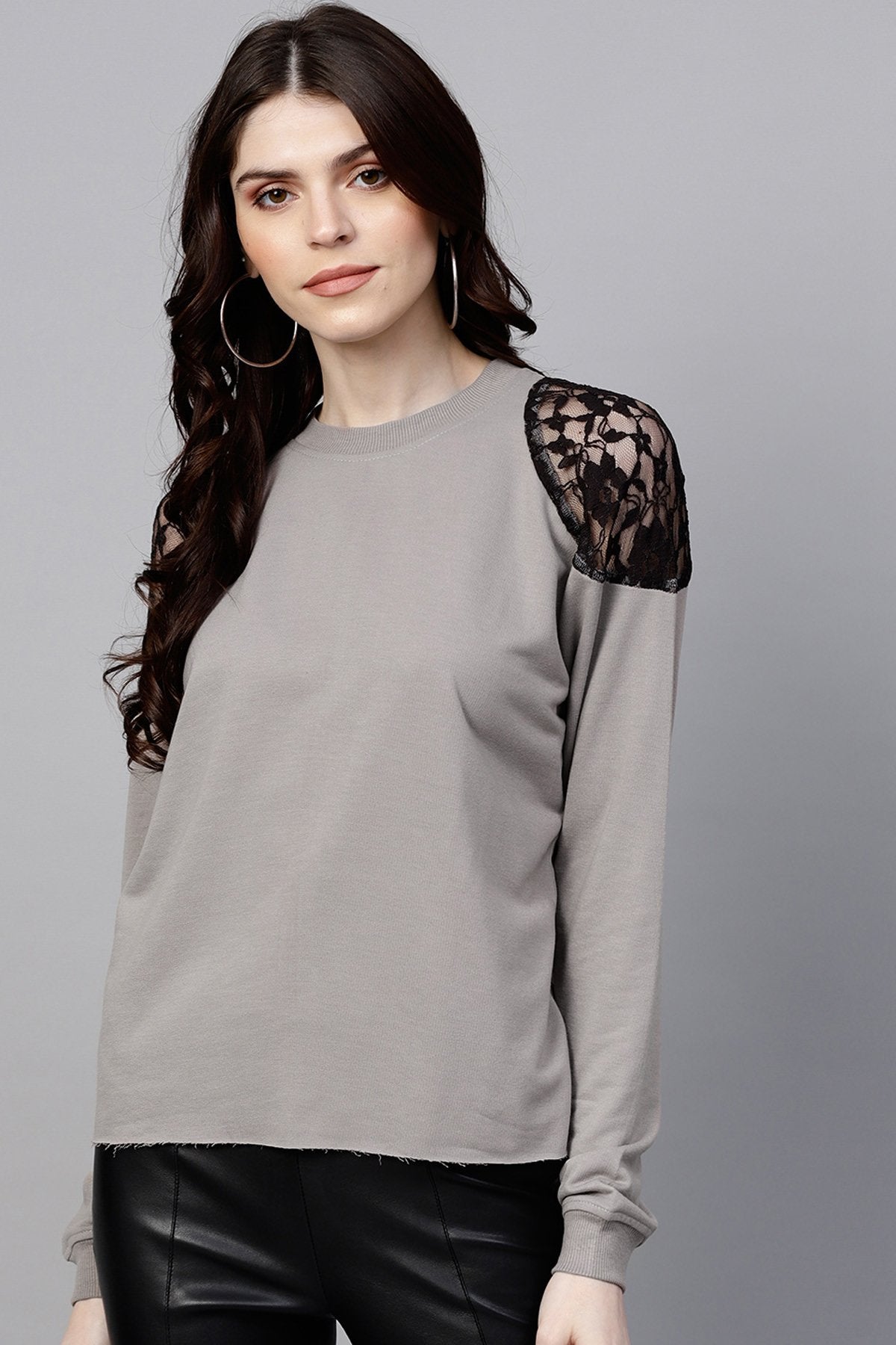 Women's Grey Lace Patch Cold Shoulder Sweatshirt - SASSAFRAS