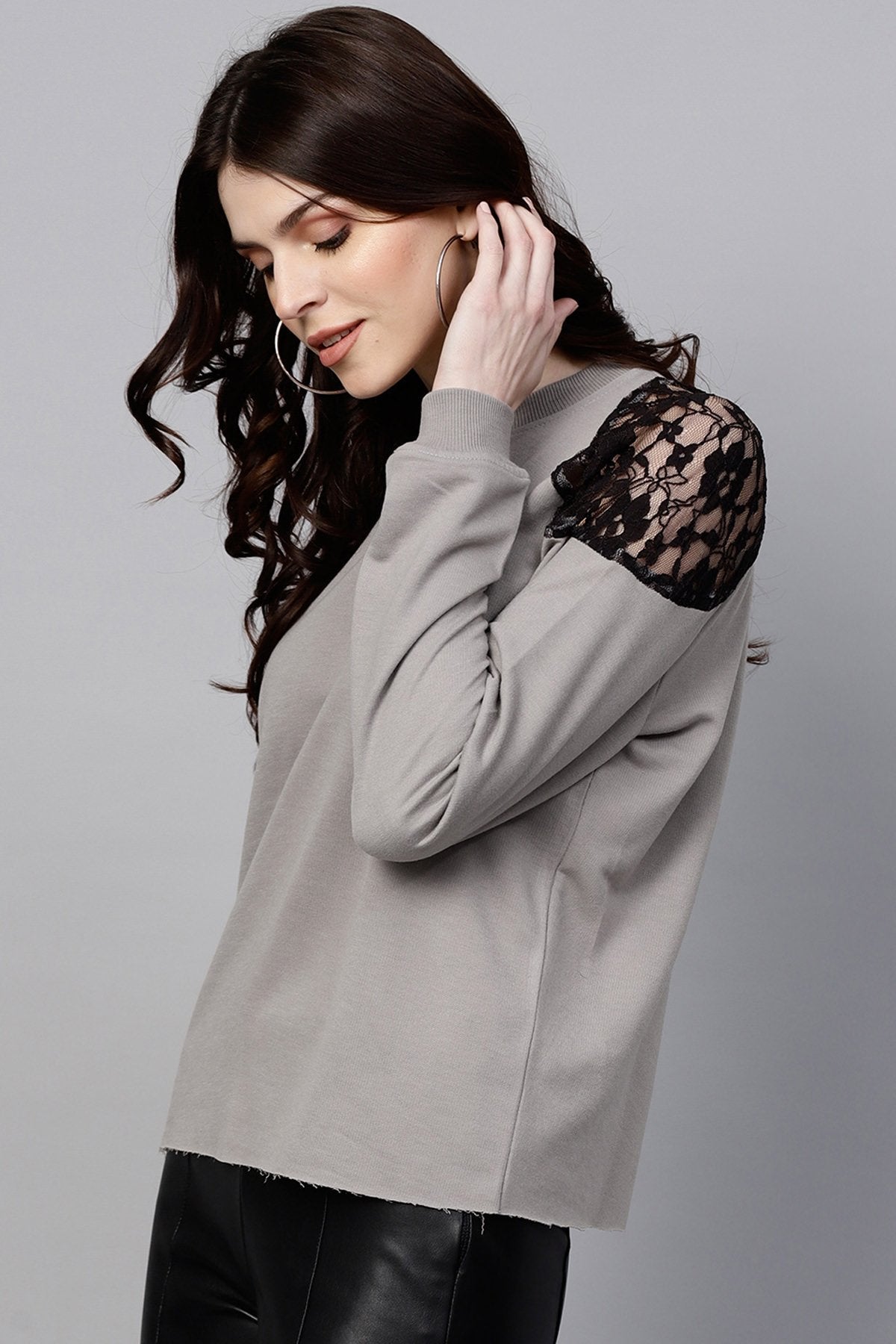 Women's Grey Lace Patch Cold Shoulder Sweatshirt - SASSAFRAS