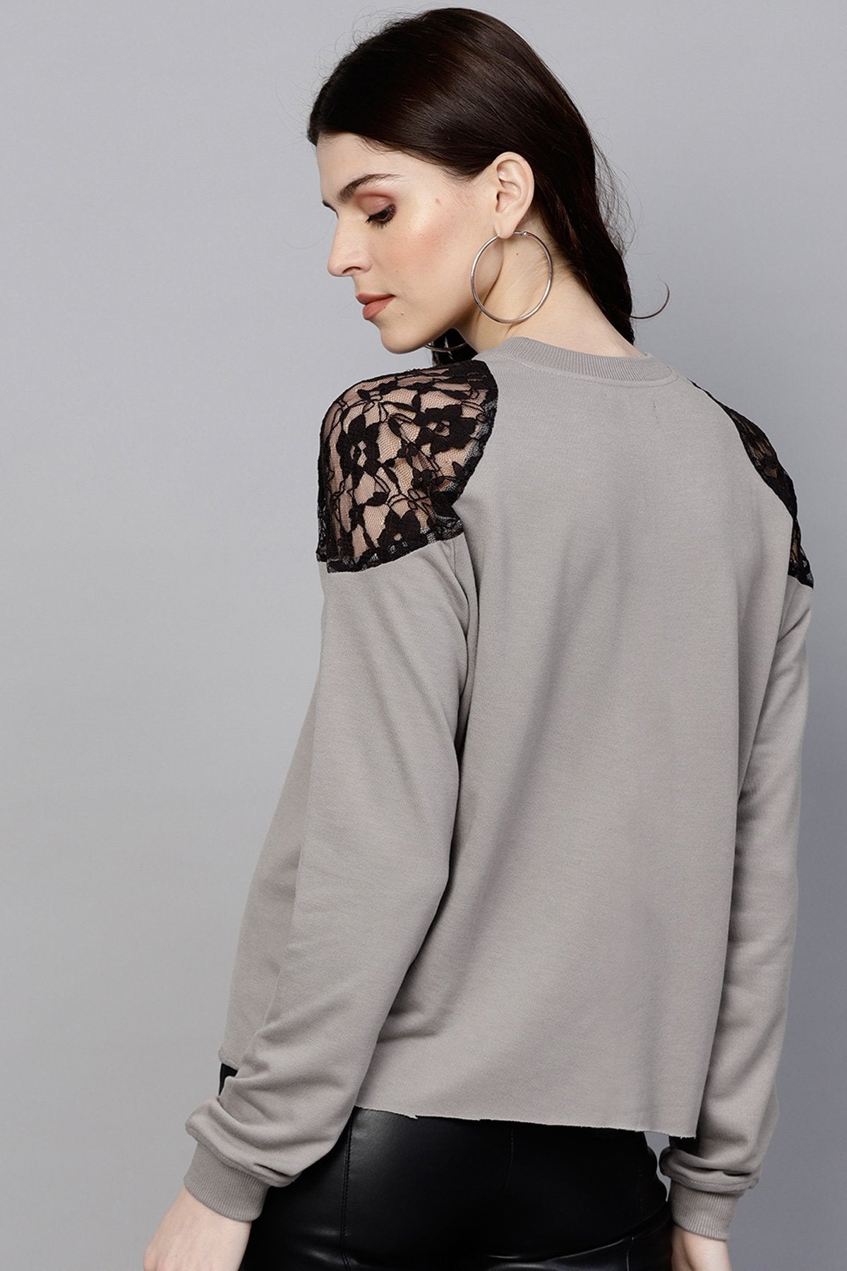 Women's Grey Lace Patch Cold Shoulder Sweatshirt - SASSAFRAS