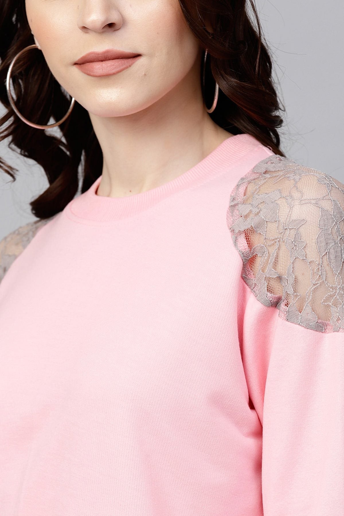 Women's Pink Lace Patch Cold Shoulder Sweatshirt - SASSAFRAS