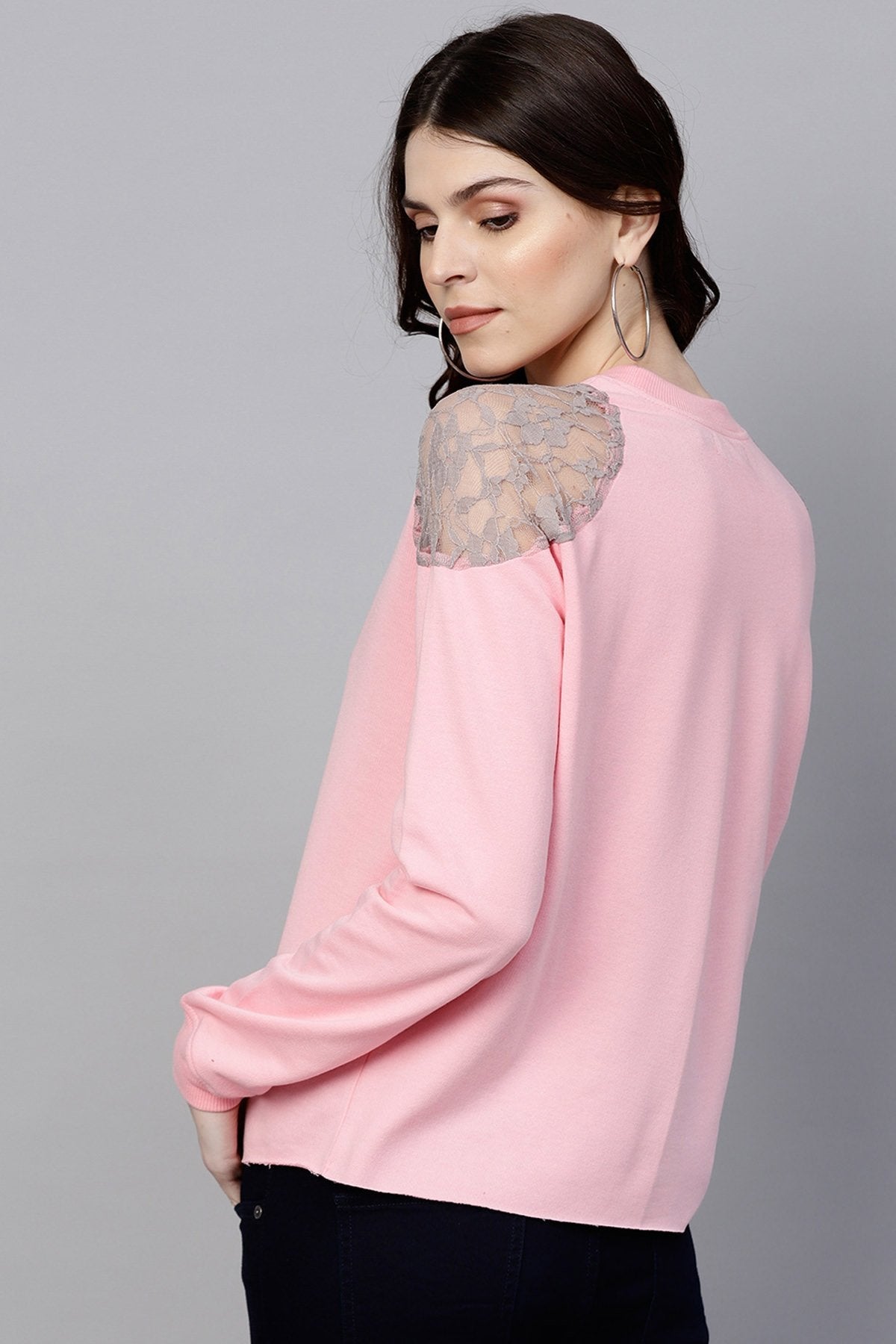 Women's Pink Lace Patch Cold Shoulder Sweatshirt - SASSAFRAS