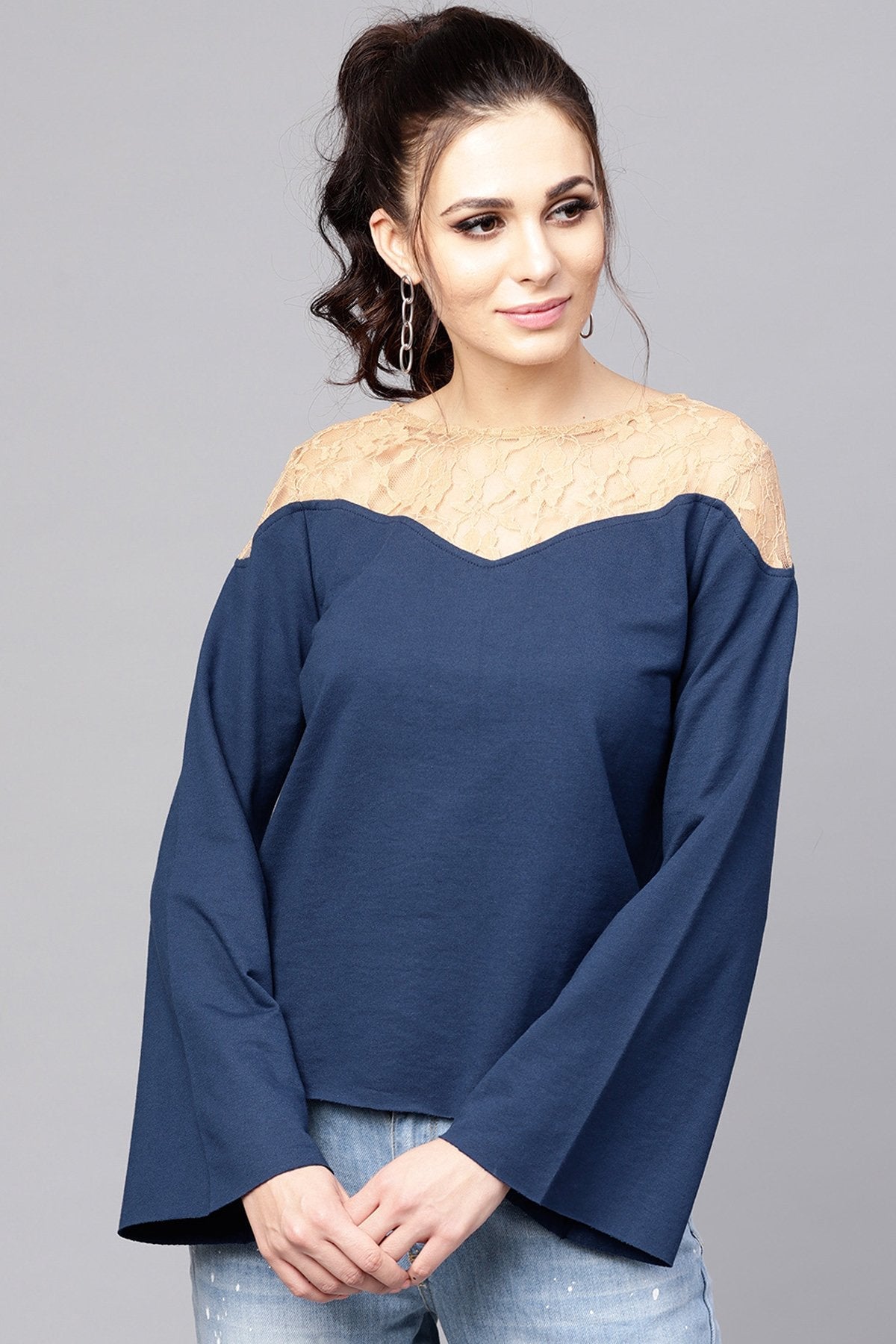 Women's Blue Lace Yoke Sweatshirt - SASSAFRAS