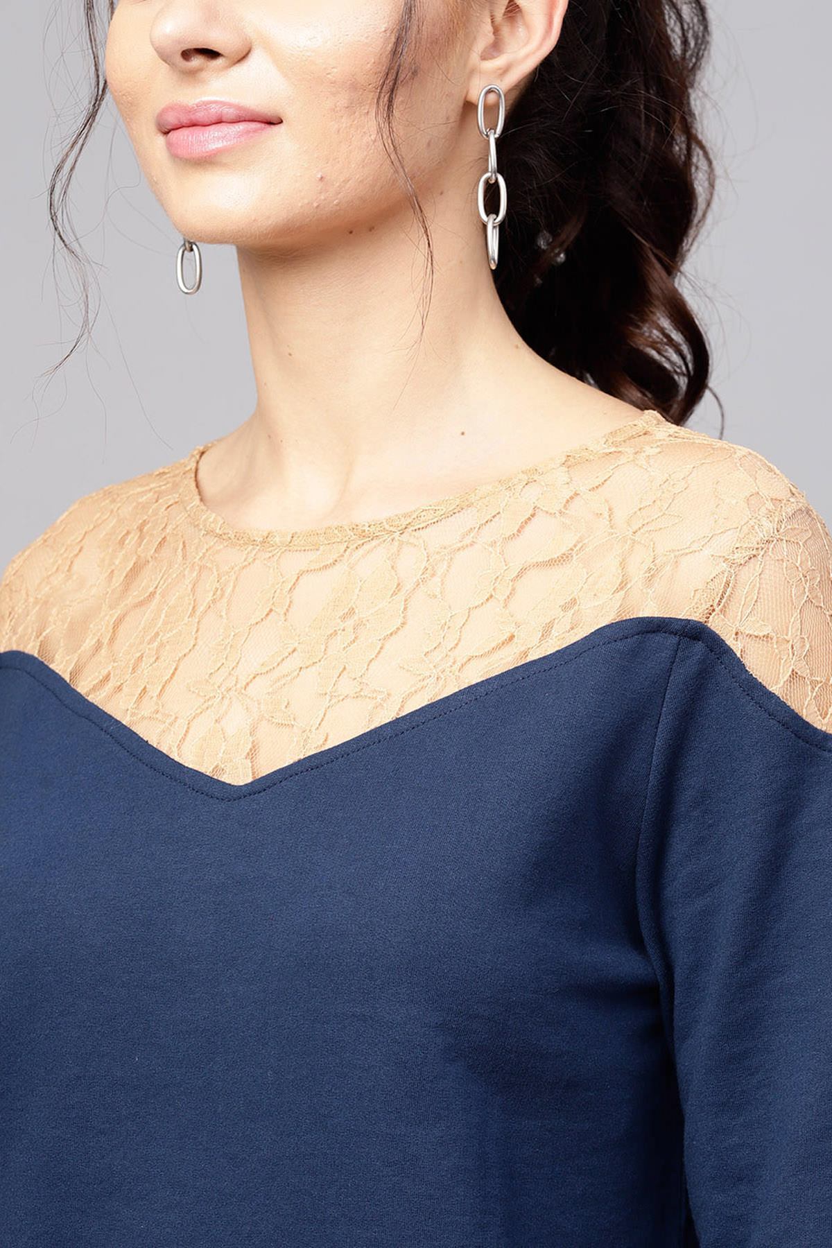 Women's Blue Lace Yoke Sweatshirt - SASSAFRAS