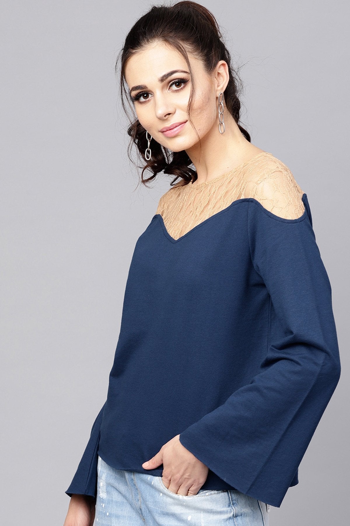 Women's Blue Lace Yoke Sweatshirt - SASSAFRAS