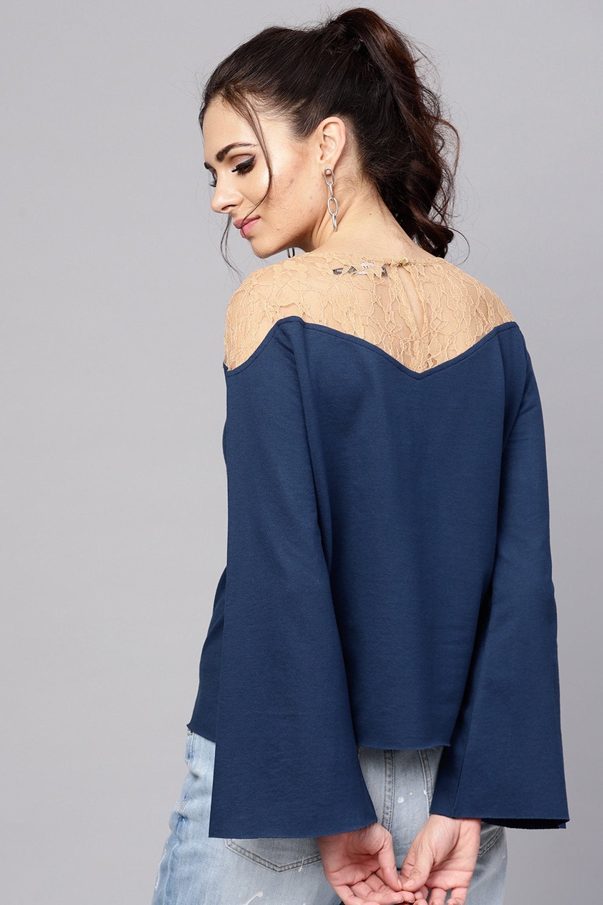 Women's Blue Lace Yoke Sweatshirt - SASSAFRAS