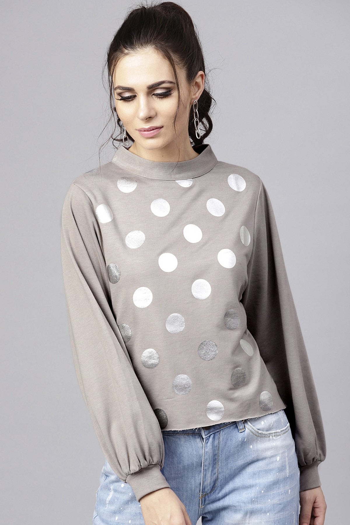 Women's Grey Front Polka Dot Print Sweatshirt - SASSAFRAS