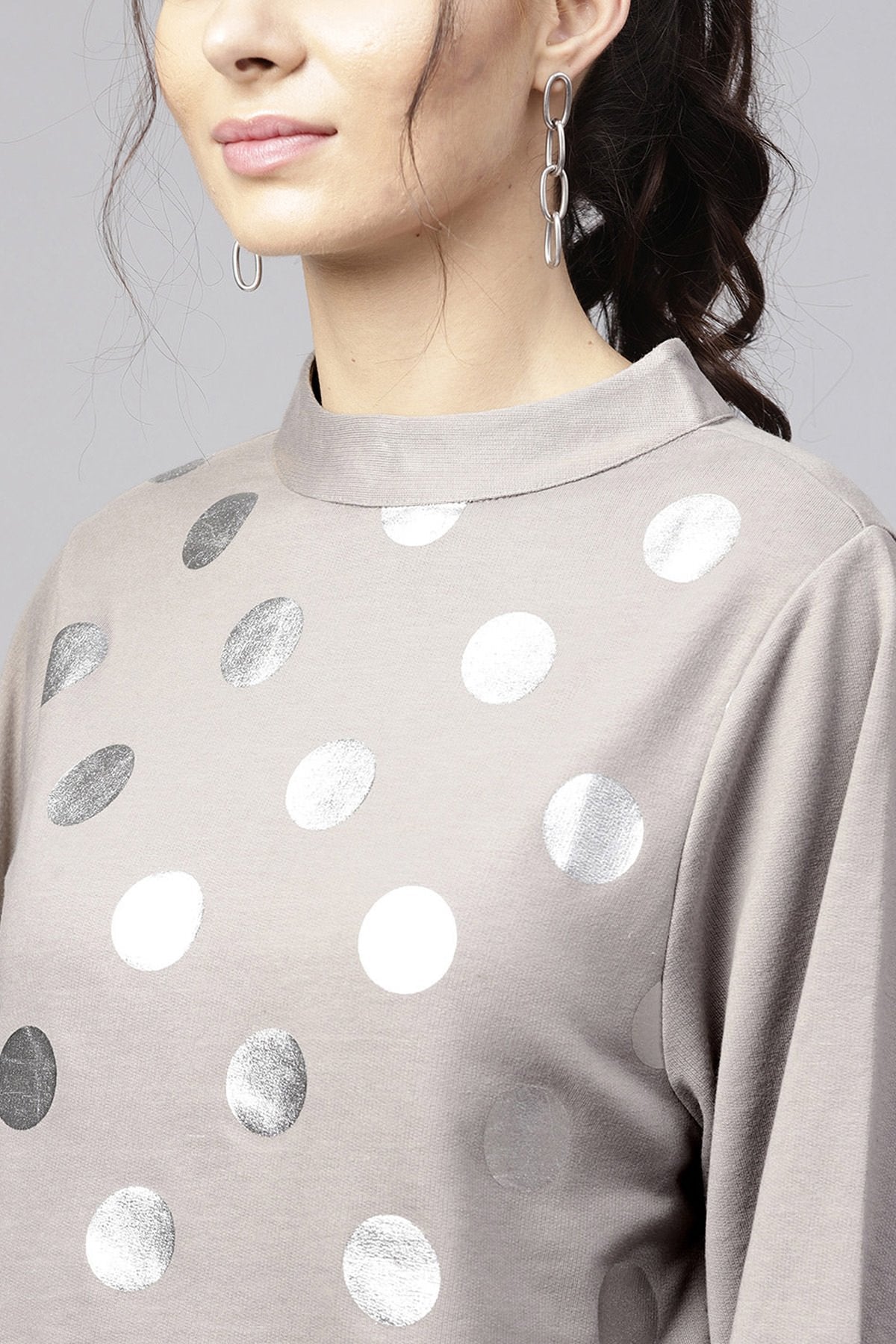 Women's Grey Front Polka Dot Print Sweatshirt - SASSAFRAS