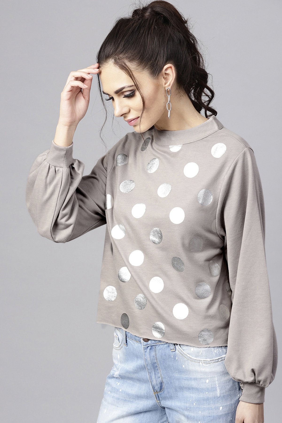 Women's Grey Front Polka Dot Print Sweatshirt - SASSAFRAS