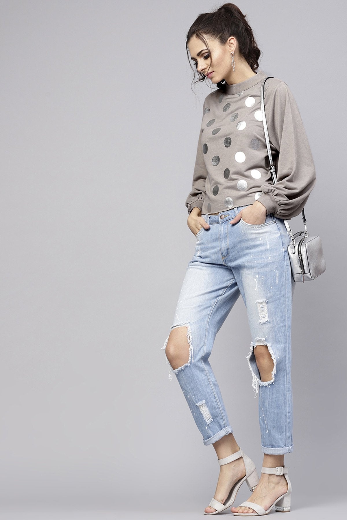 Women's Grey Front Polka Dot Print Sweatshirt - SASSAFRAS