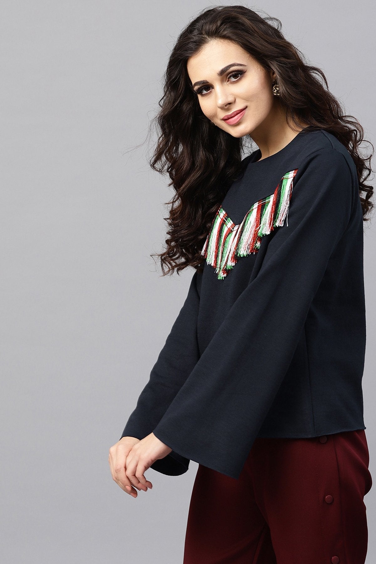 Women's Navy Fringe Lace Sweatshirt - SASSAFRAS