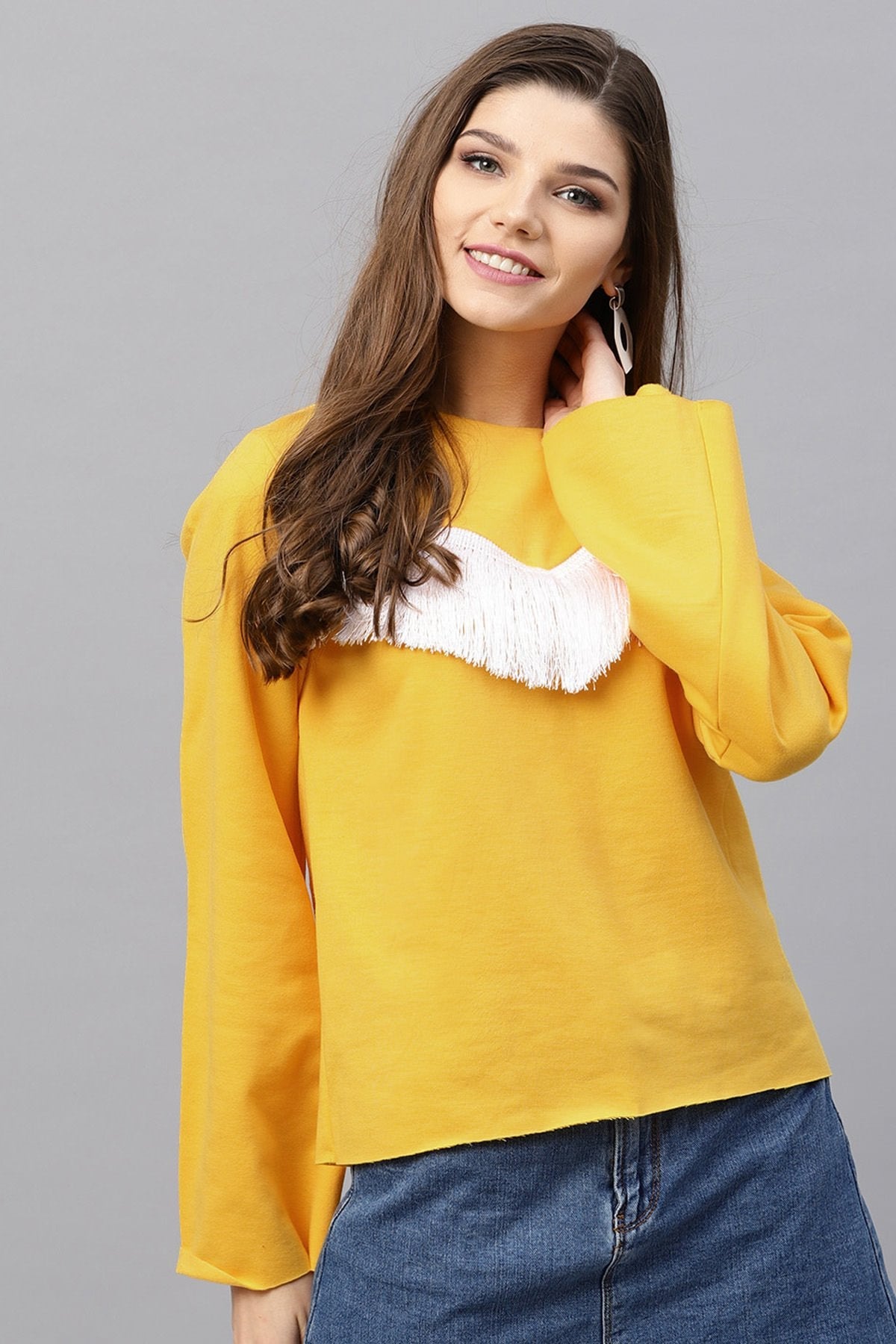 Women's Yellow Fringe Lace Sweatshirt - SASSAFRAS