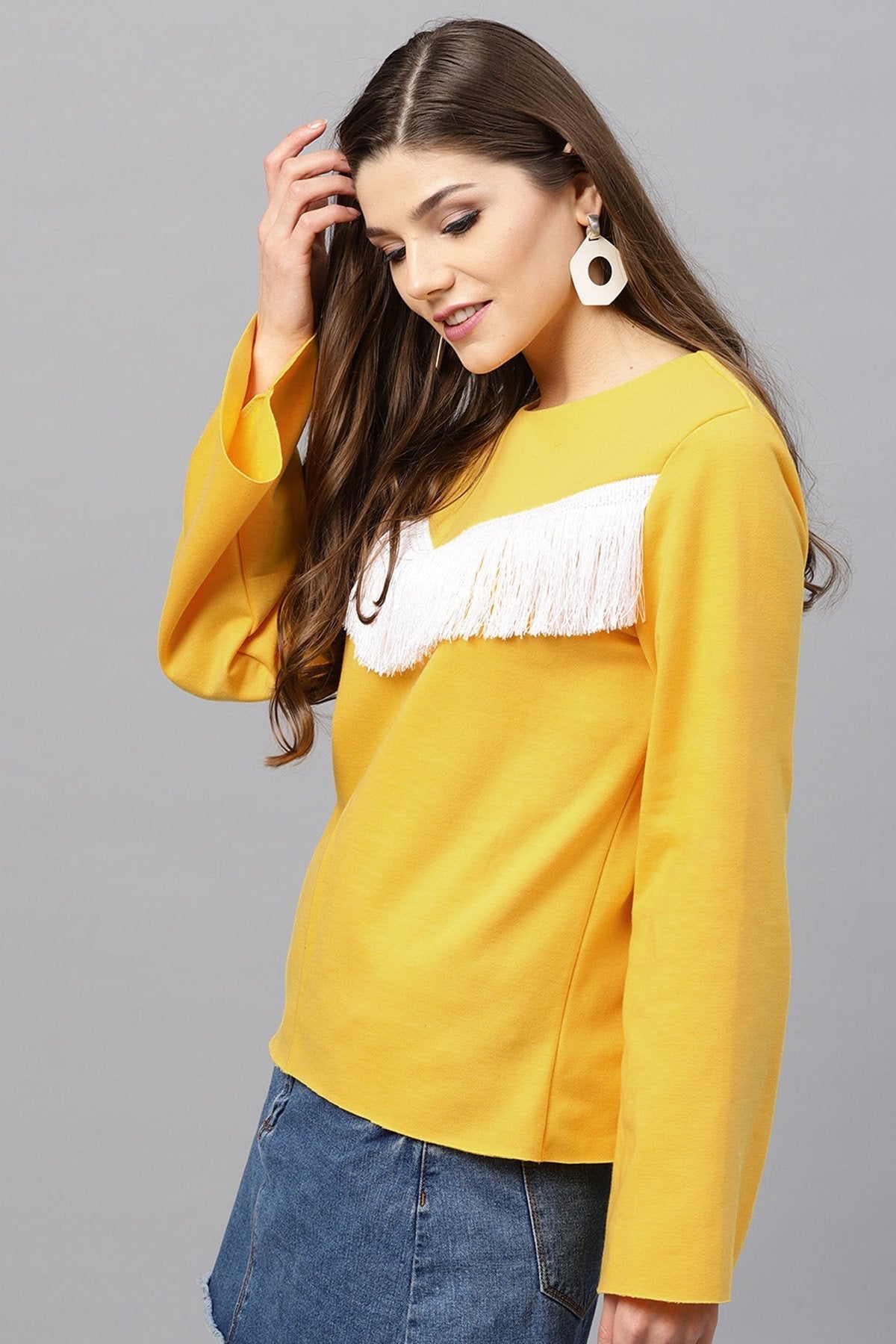 Women's Yellow Fringe Lace Sweatshirt - SASSAFRAS