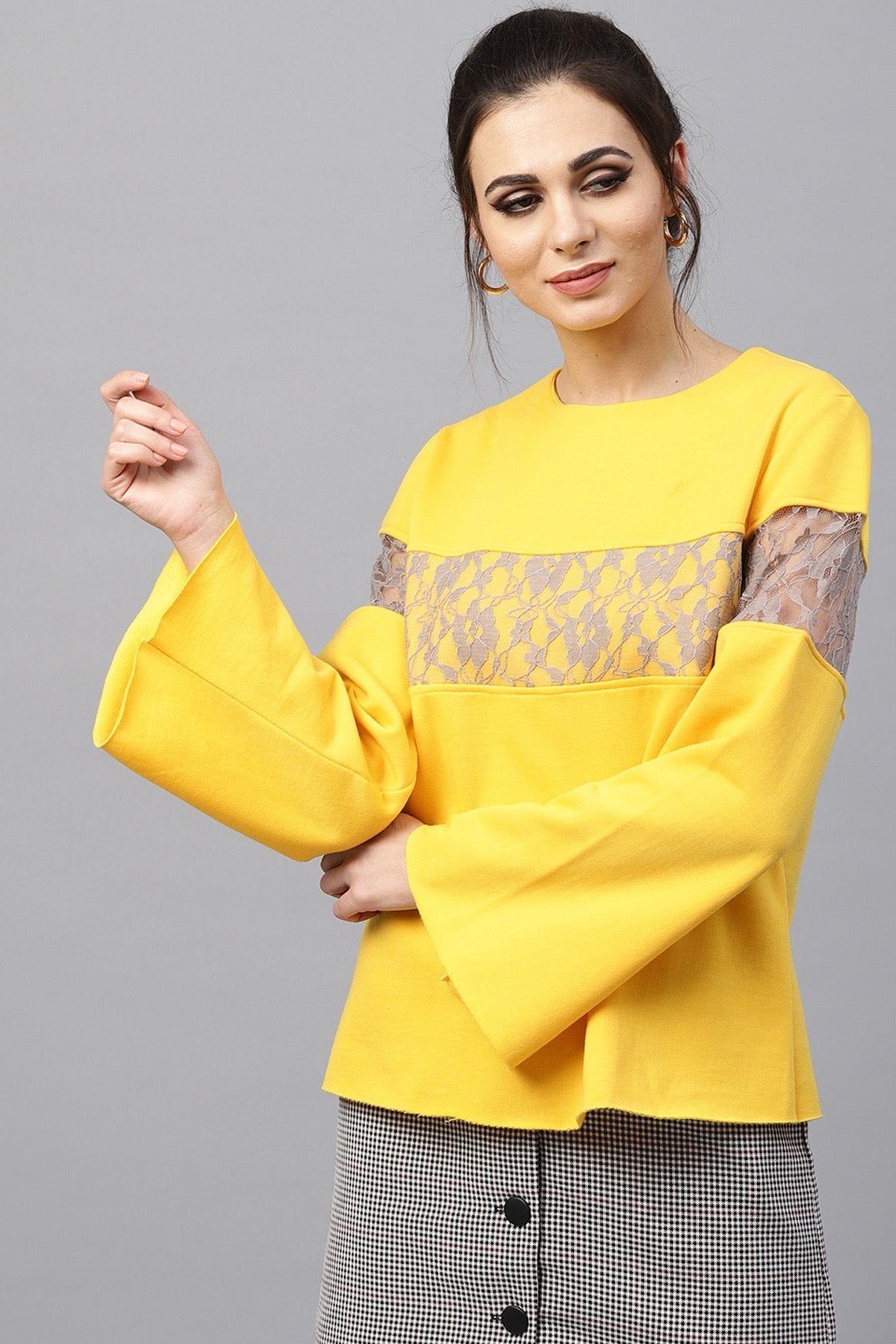 Women's Yellow Lace Insert Sweatshirt - SASSAFRAS