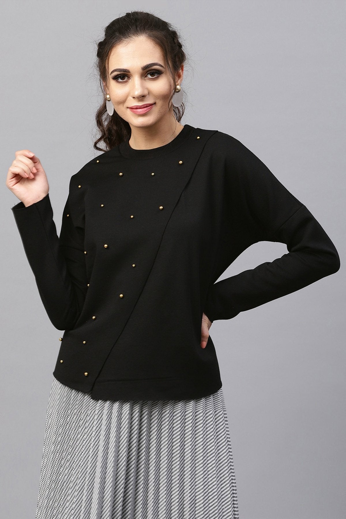 Women's Black Wrap Front Pearl Sweatshirt - SASSAFRAS