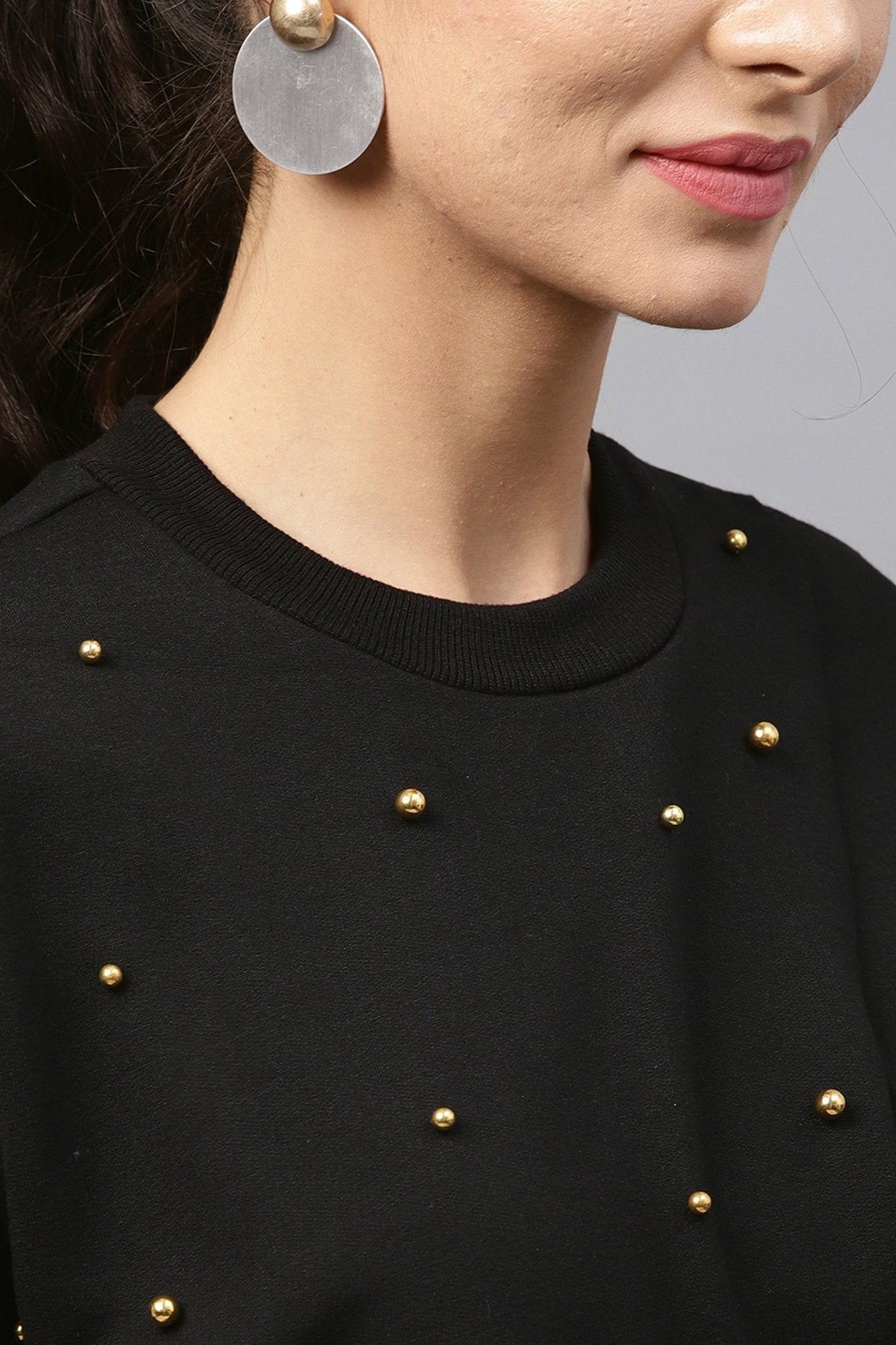 Women's Black Wrap Front Pearl Sweatshirt - SASSAFRAS