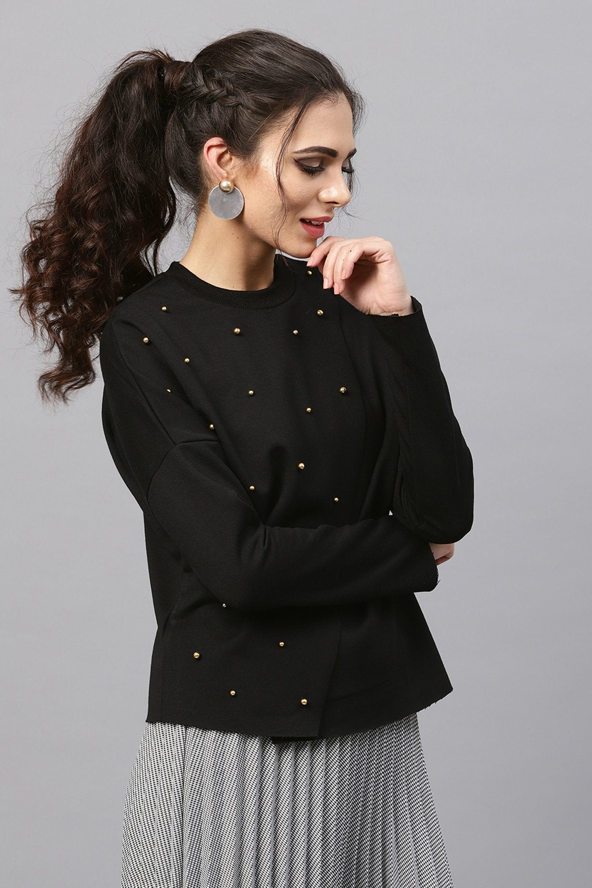 Women's Black Wrap Front Pearl Sweatshirt - SASSAFRAS