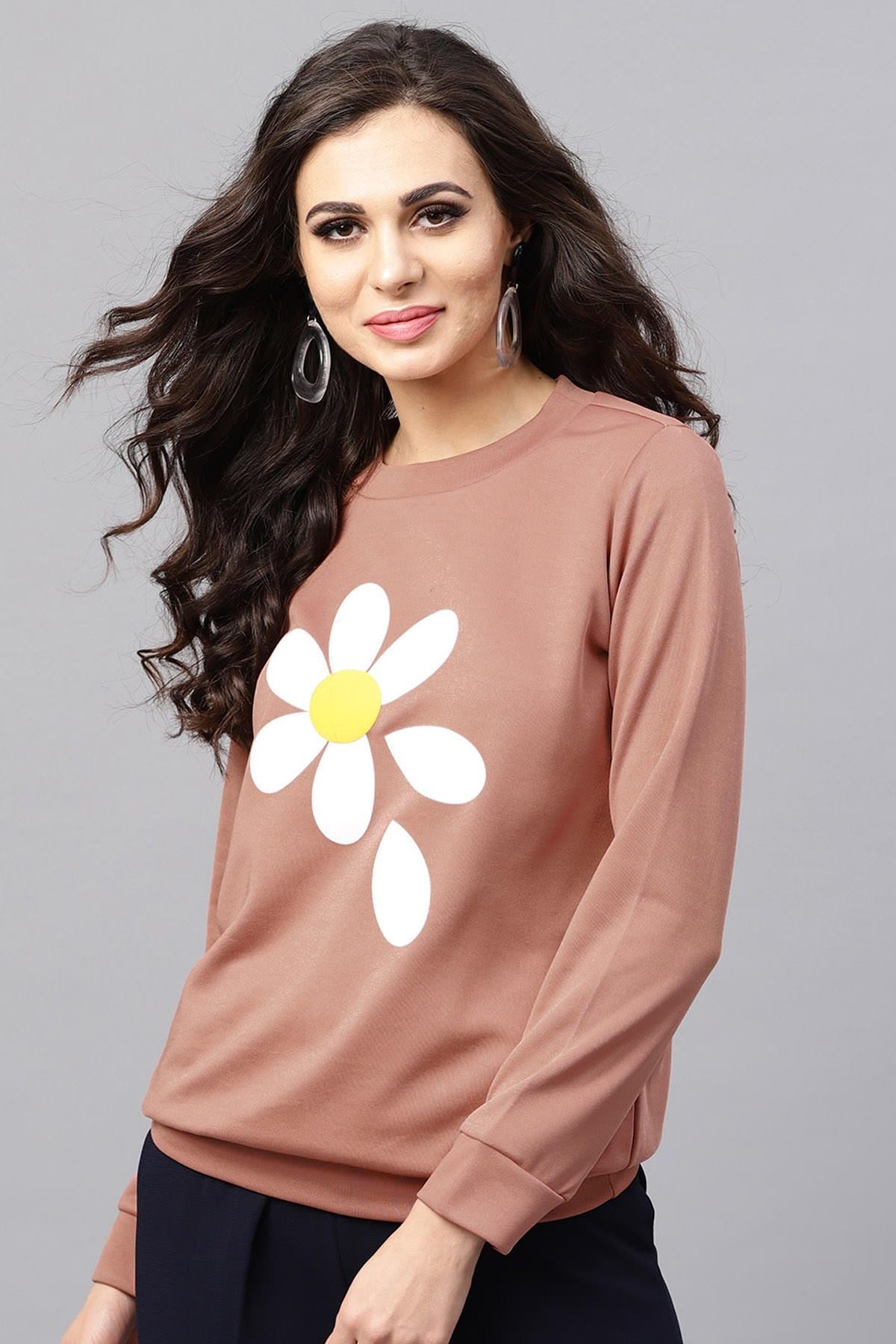 Women's Pink Flower Petal Print Sweatshirt - SASSAFRAS