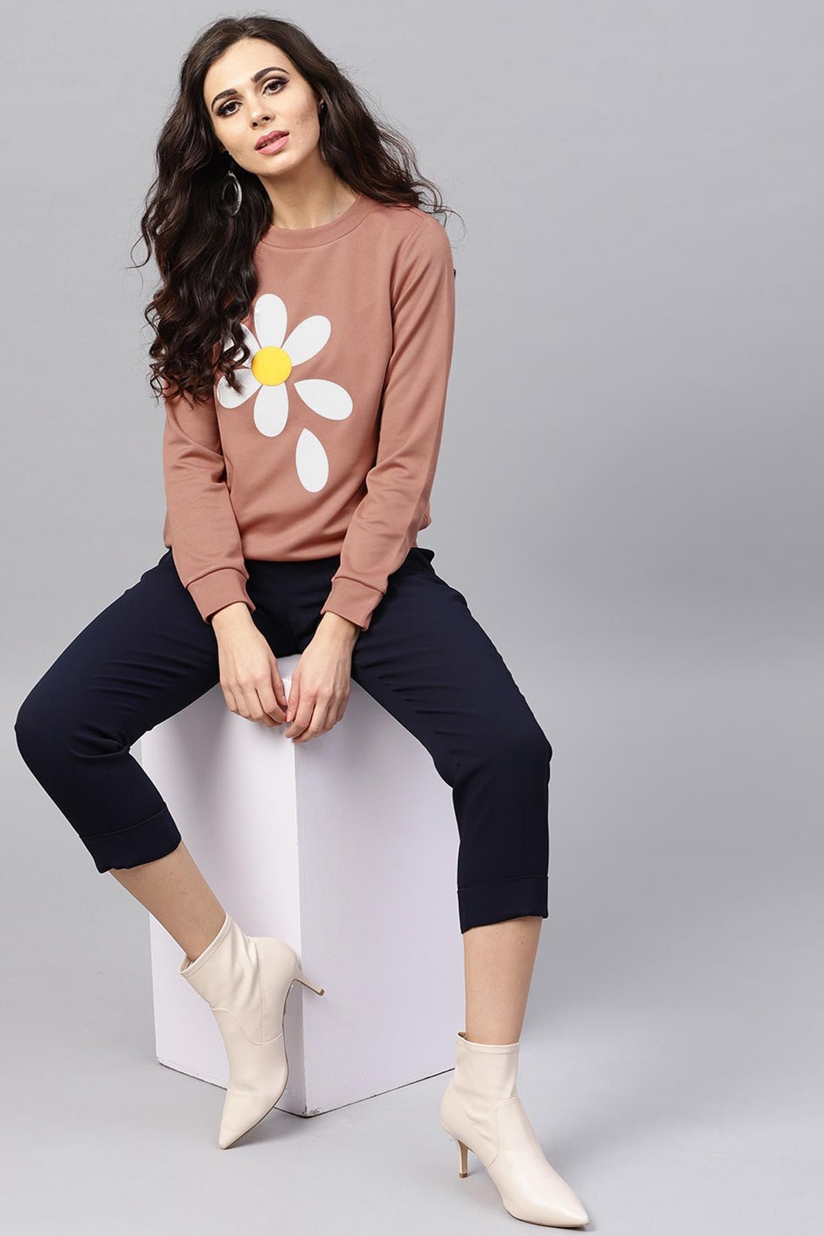 Women's Pink Flower Petal Print Sweatshirt - SASSAFRAS