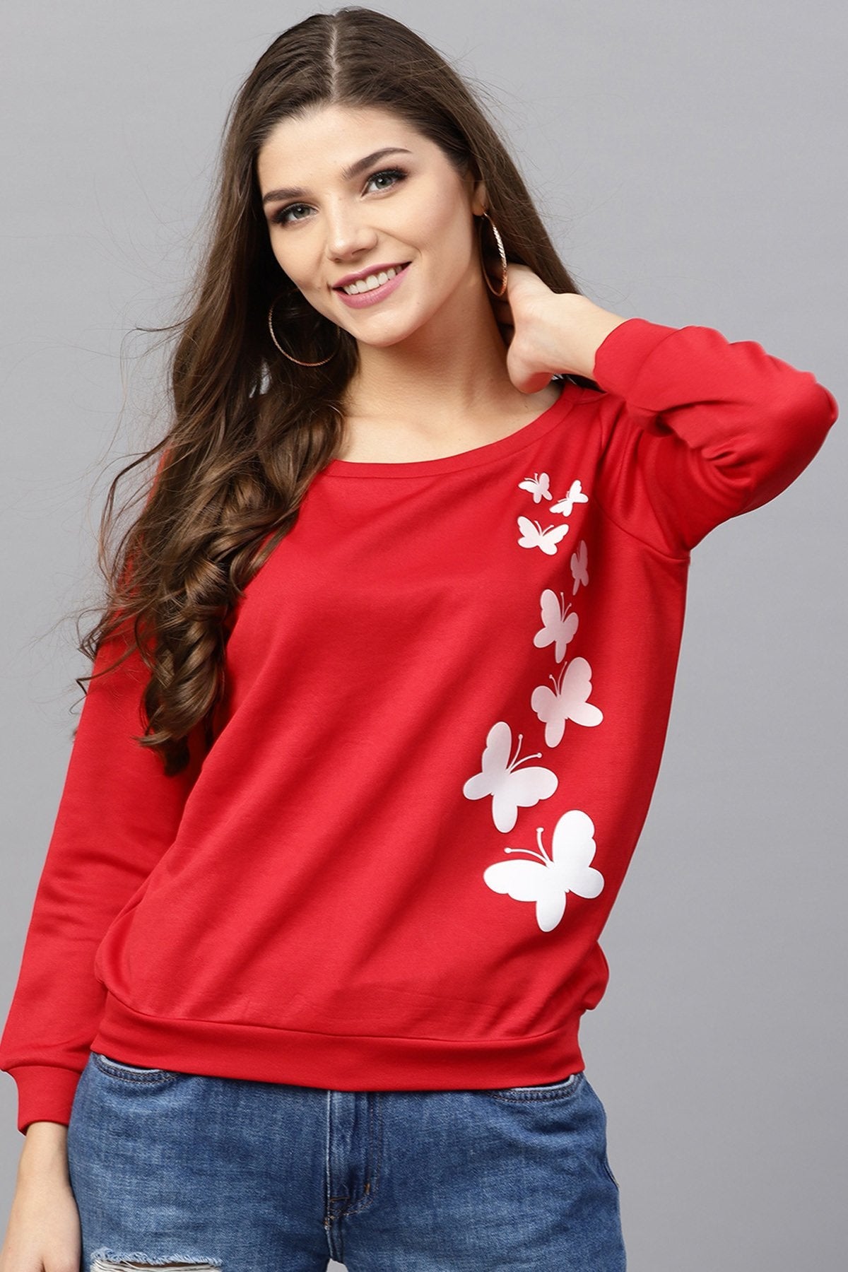 Women's Red Butterfly Print Sweatshirt - SASSAFRAS