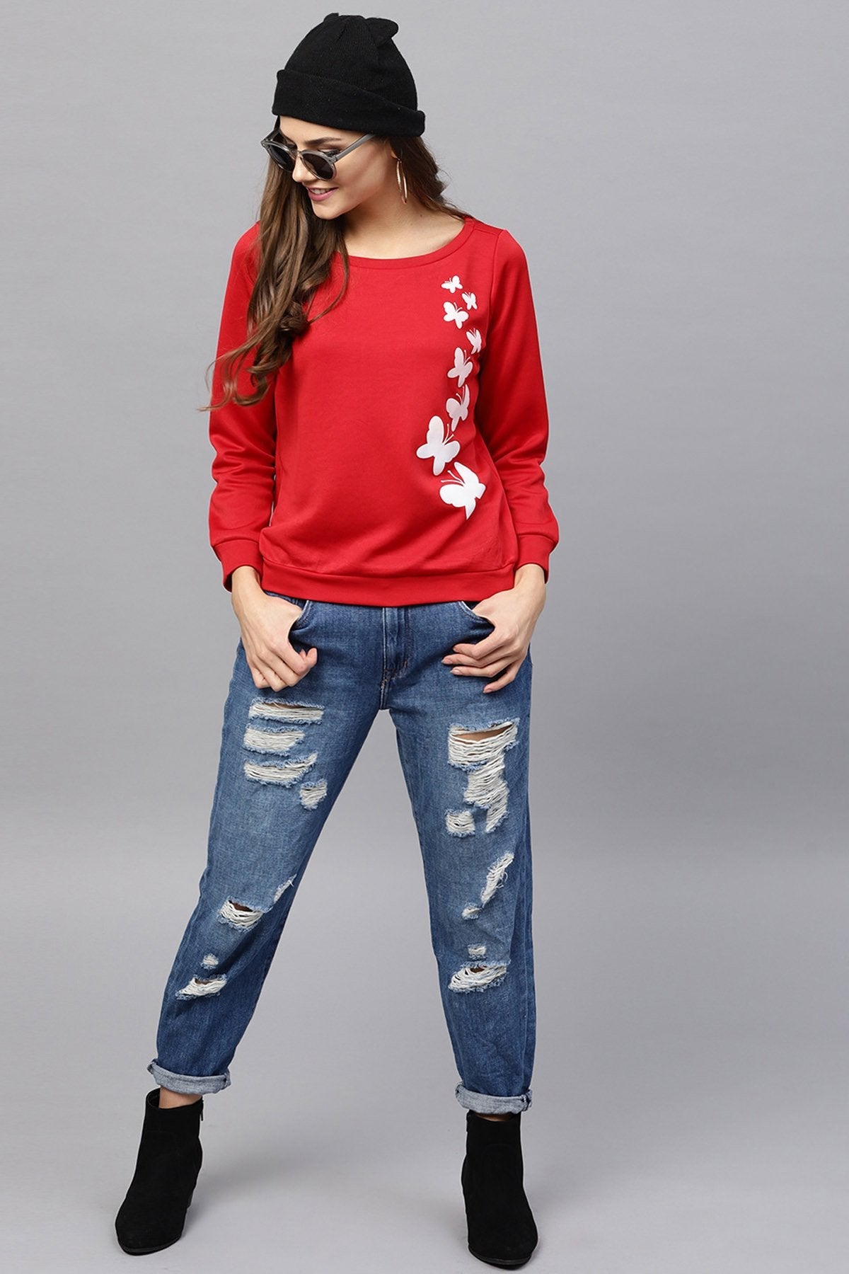 Women's Red Butterfly Print Sweatshirt - SASSAFRAS