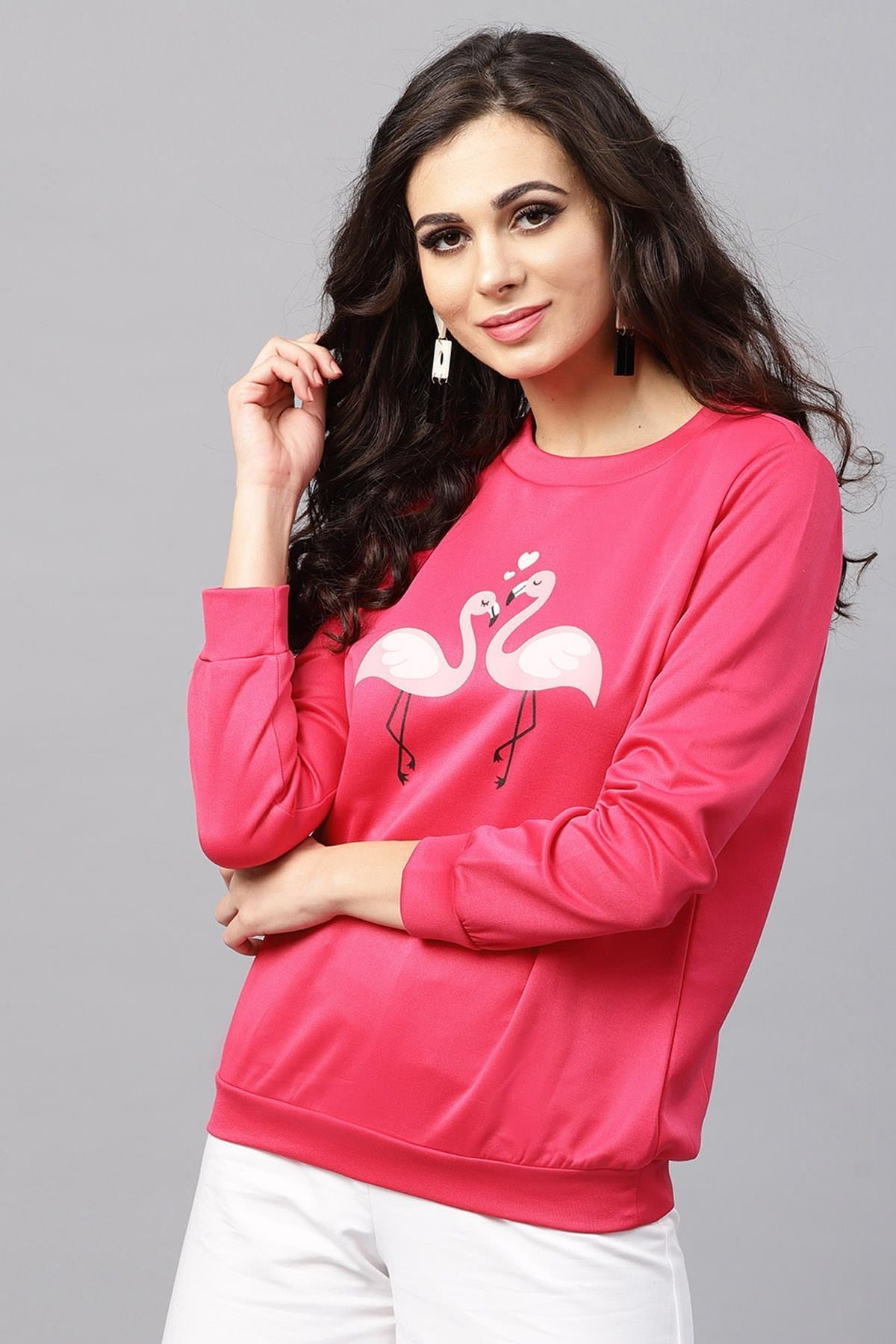 Women's Fuchsia Flamingo Print Sweatshirt - SASSAFRAS