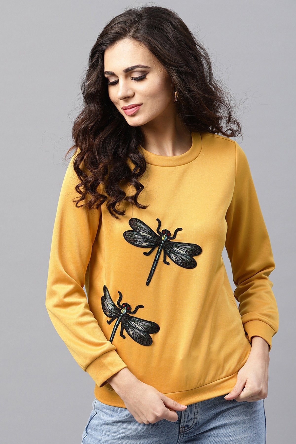 Women's Mustard Dragonfly Applique Sweatshirt - SASSAFRAS