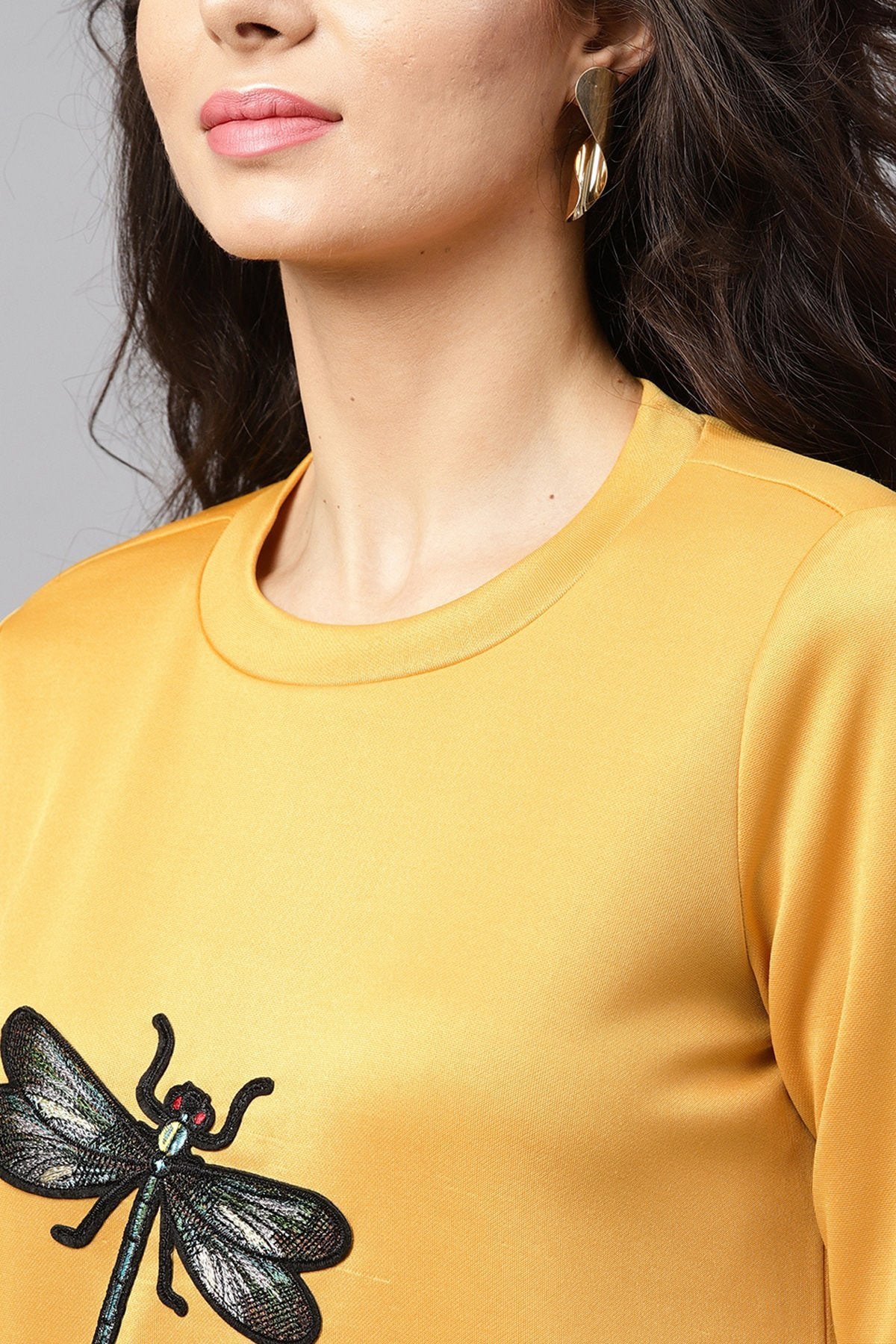 Women's Mustard Dragonfly Applique Sweatshirt - SASSAFRAS