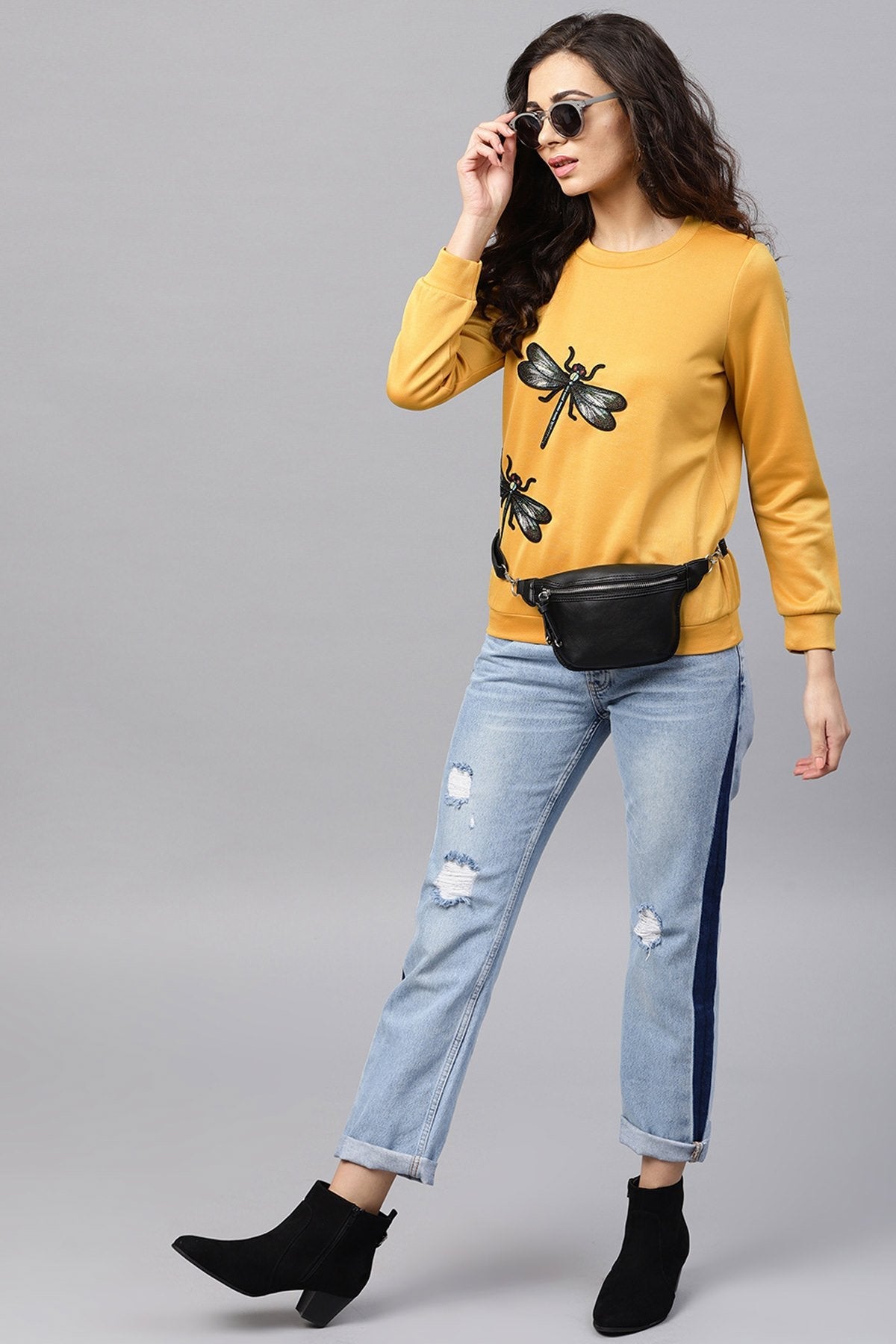 Women's Mustard Dragonfly Applique Sweatshirt - SASSAFRAS