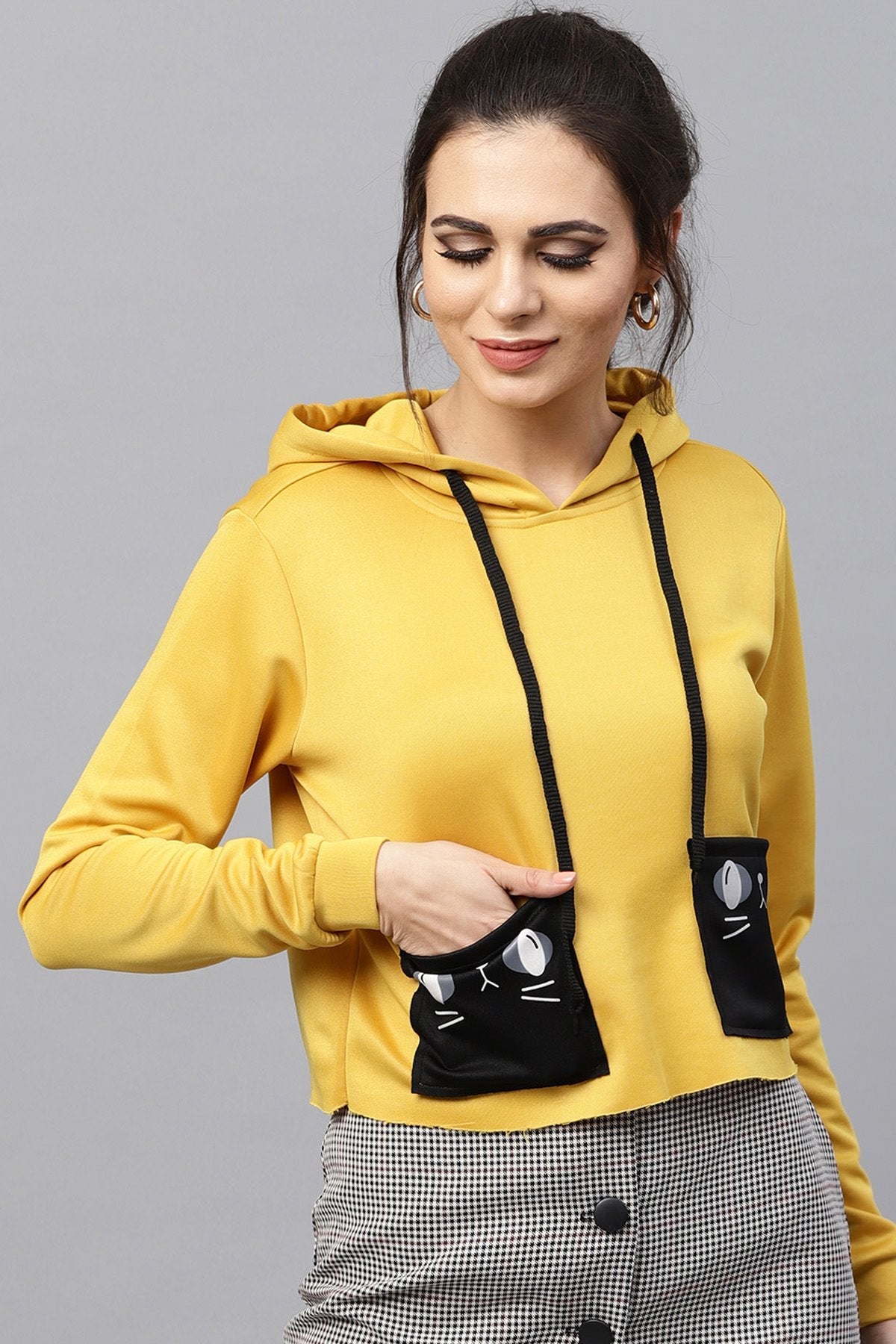 Women's Mustard Printed Pocket Crop Hoodie - SASSAFRAS