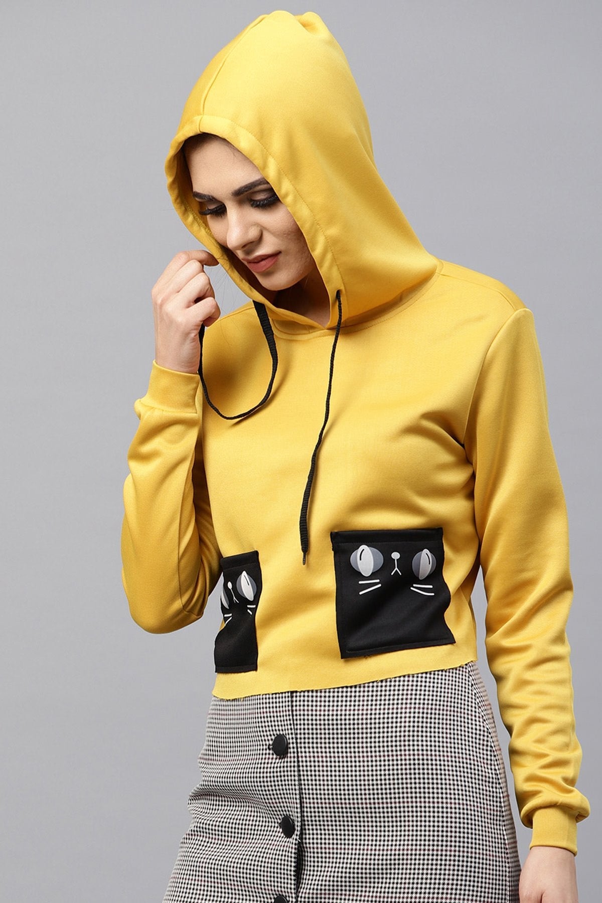 Women's Mustard Printed Pocket Crop Hoodie - SASSAFRAS