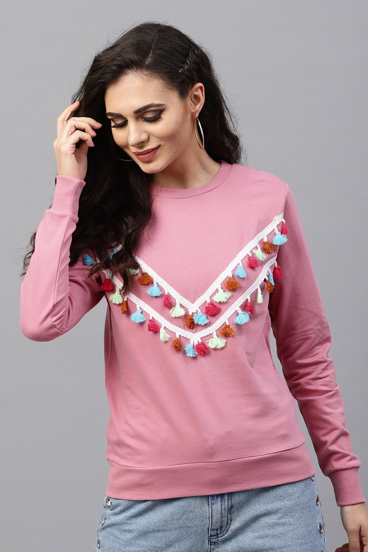 Women's Pink Tasseled Lace Sweatshirt - SASSAFRAS