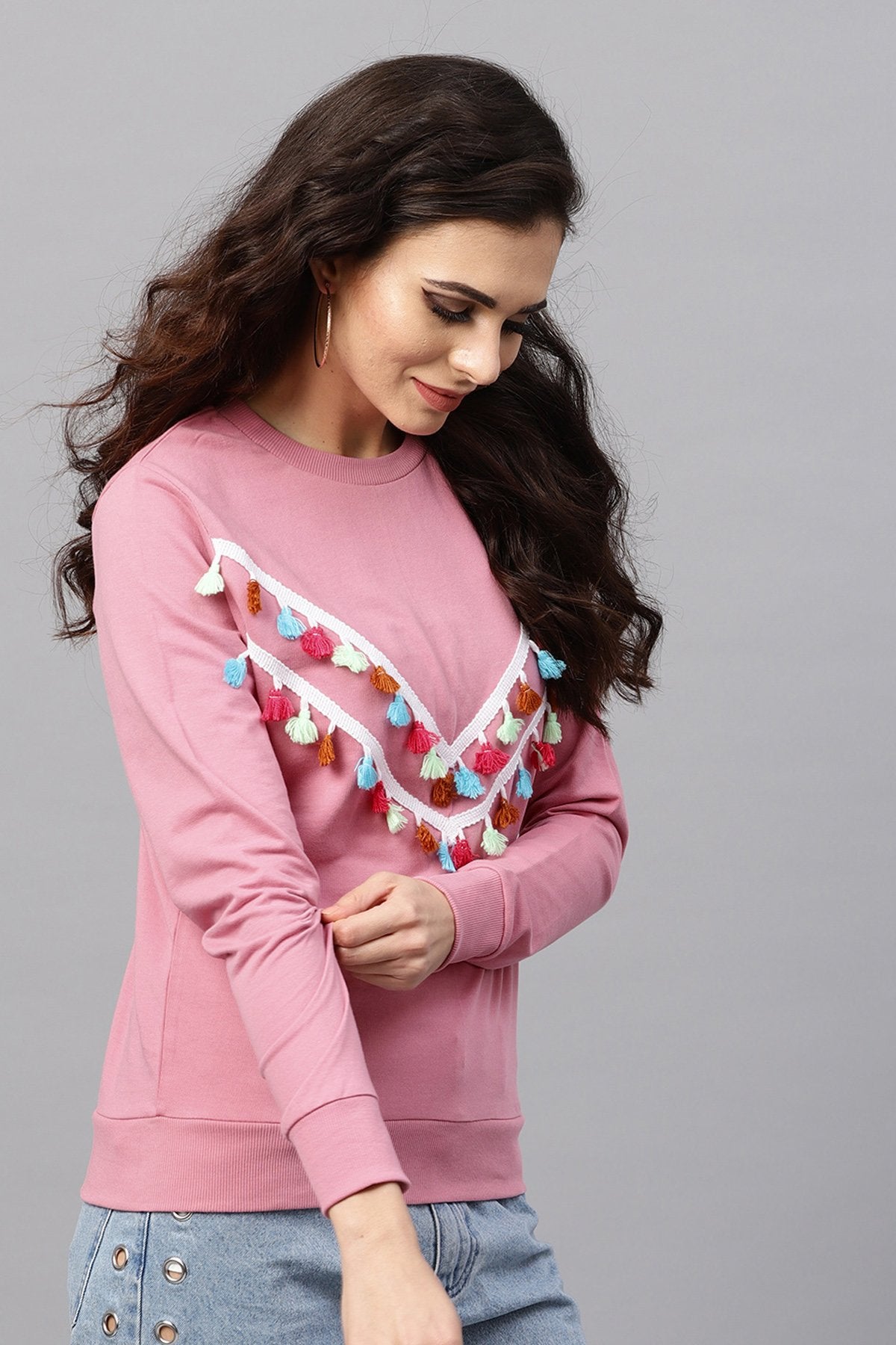 Women's Pink Tasseled Lace Sweatshirt - SASSAFRAS