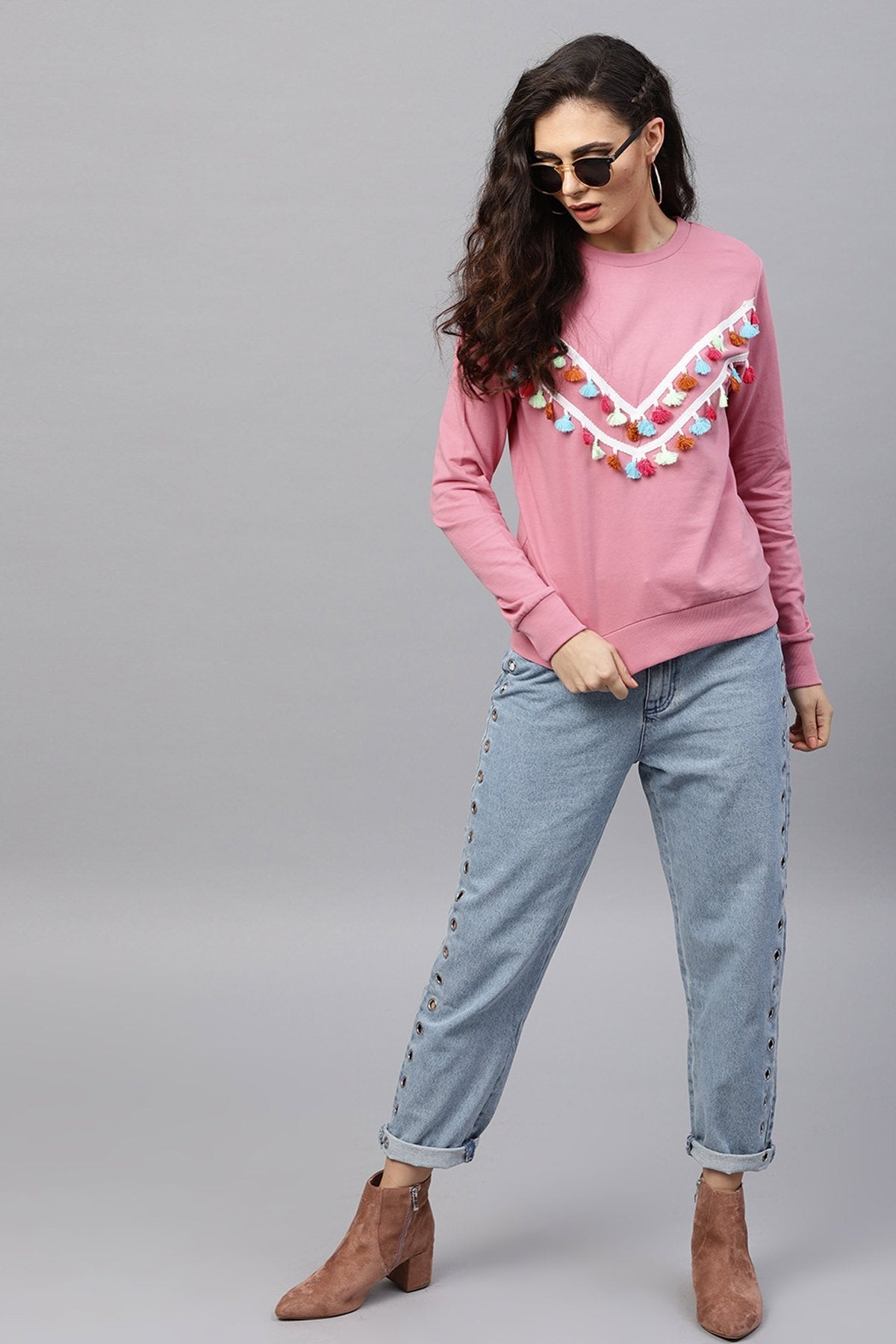 Women's Pink Tasseled Lace Sweatshirt - SASSAFRAS