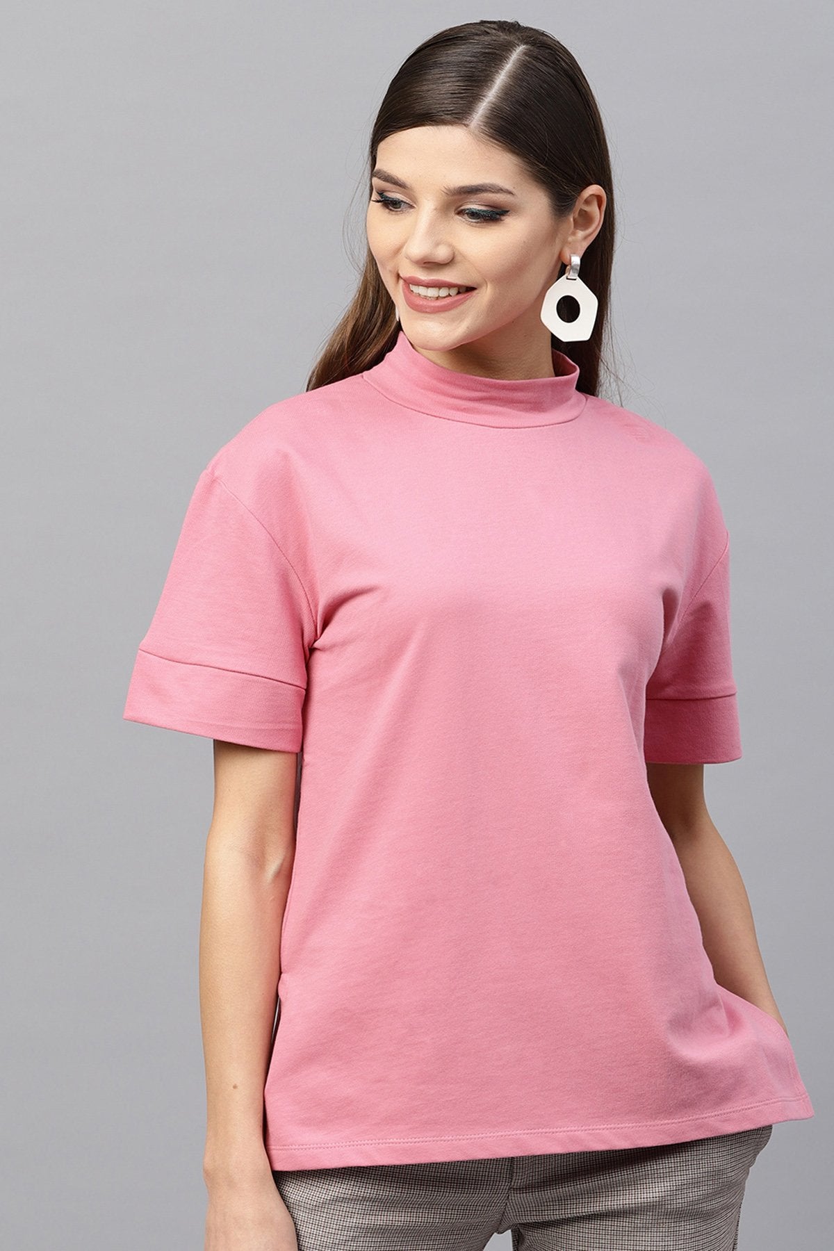 Women's Pink Boxy Turtle Neck Sweatshirt - SASSAFRAS