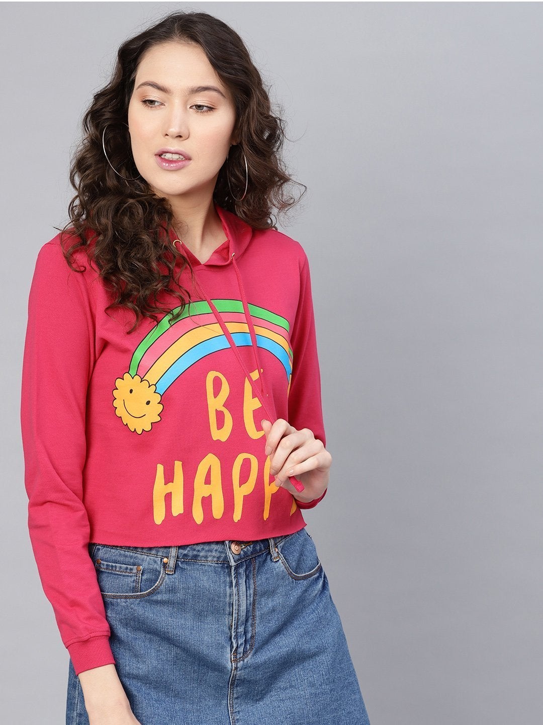 Women's Fuchsia Rainbow Print Crop Hoodie - SASSAFRAS